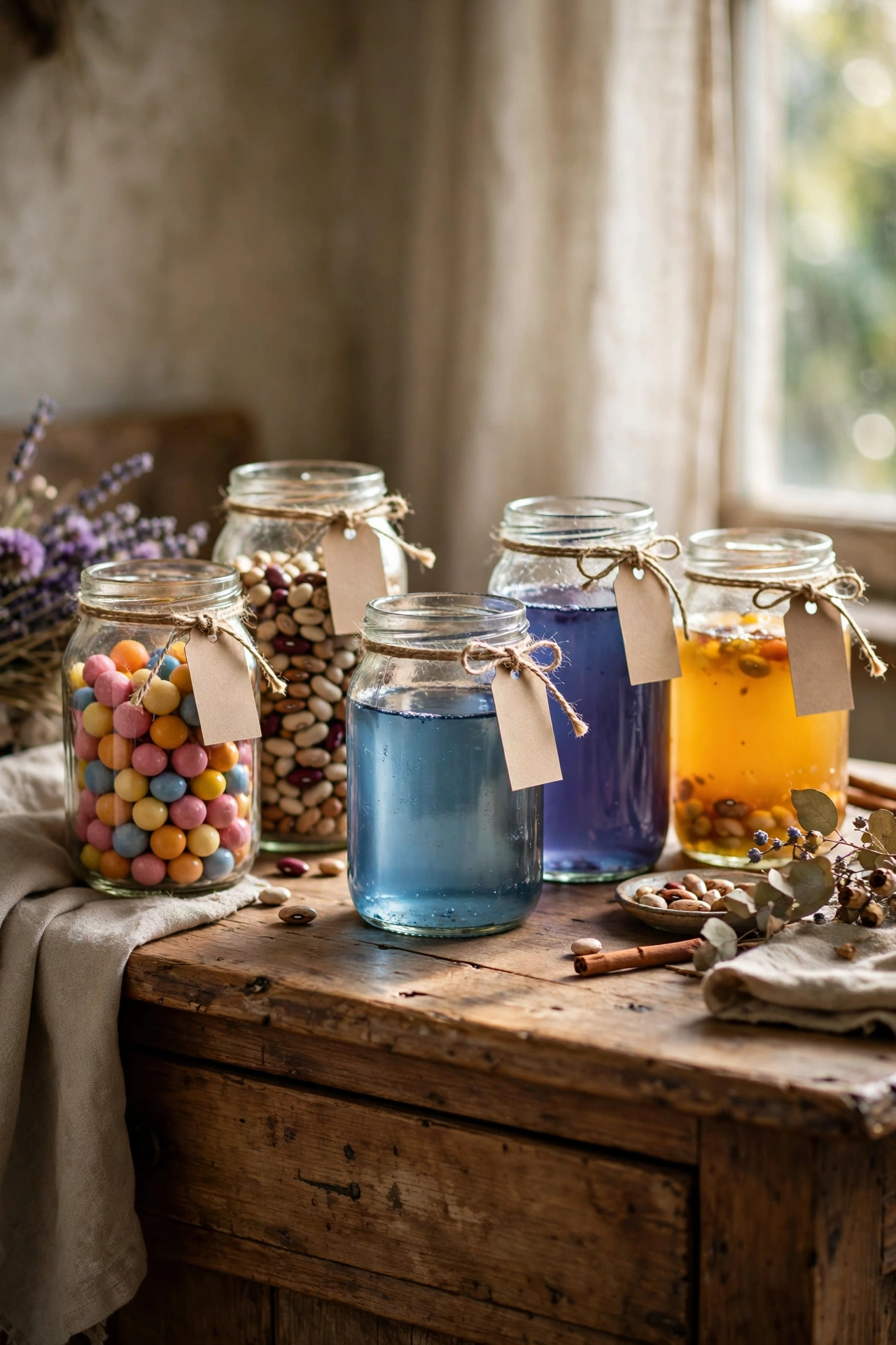 Jam jars labelled as potions filled with sweets on a sideboard