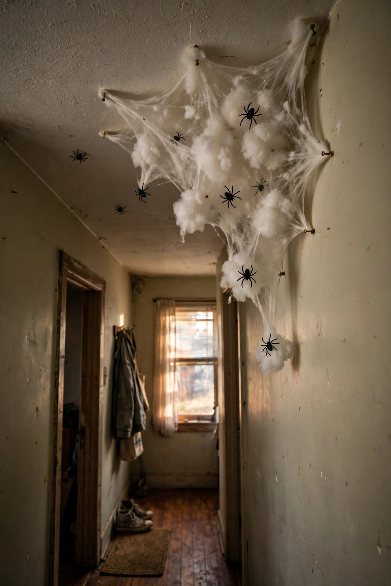Cotton spider egg sacs tucked into a ceiling corner