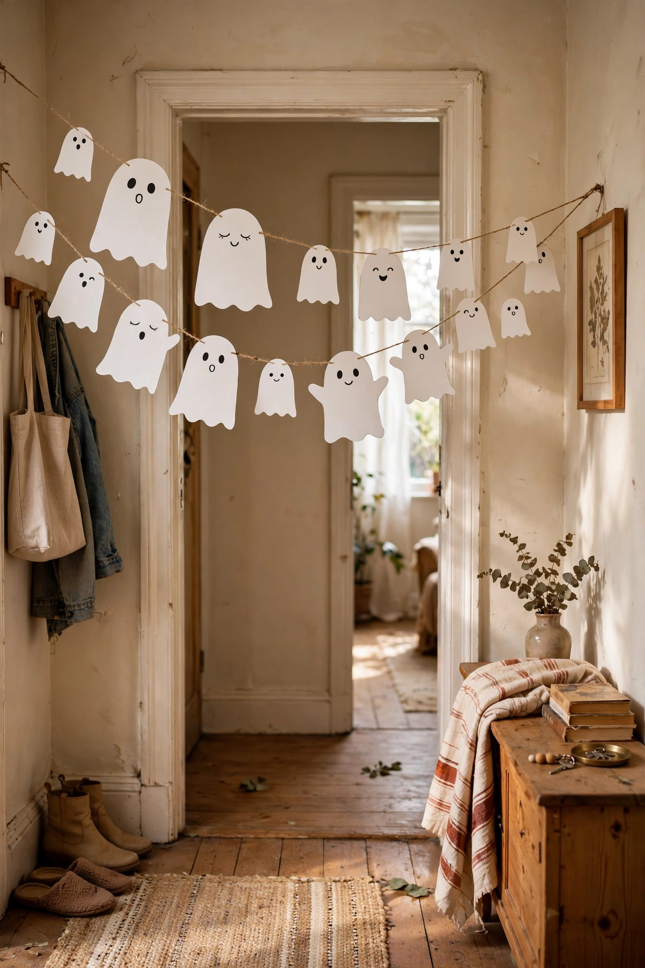 White paper ghost garland strung across a doorway