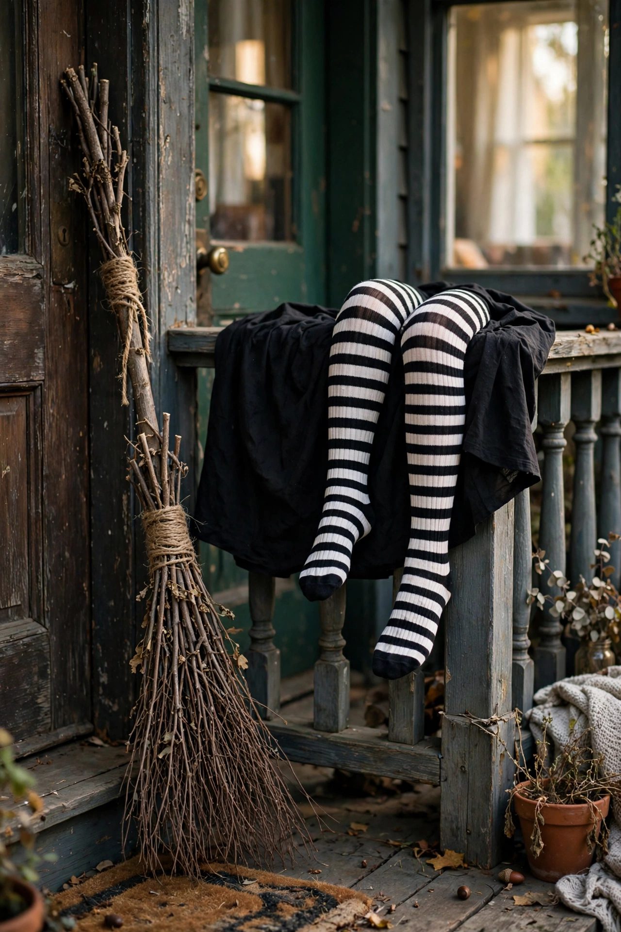 Twig witch broom and stripy stocking leg by a front door