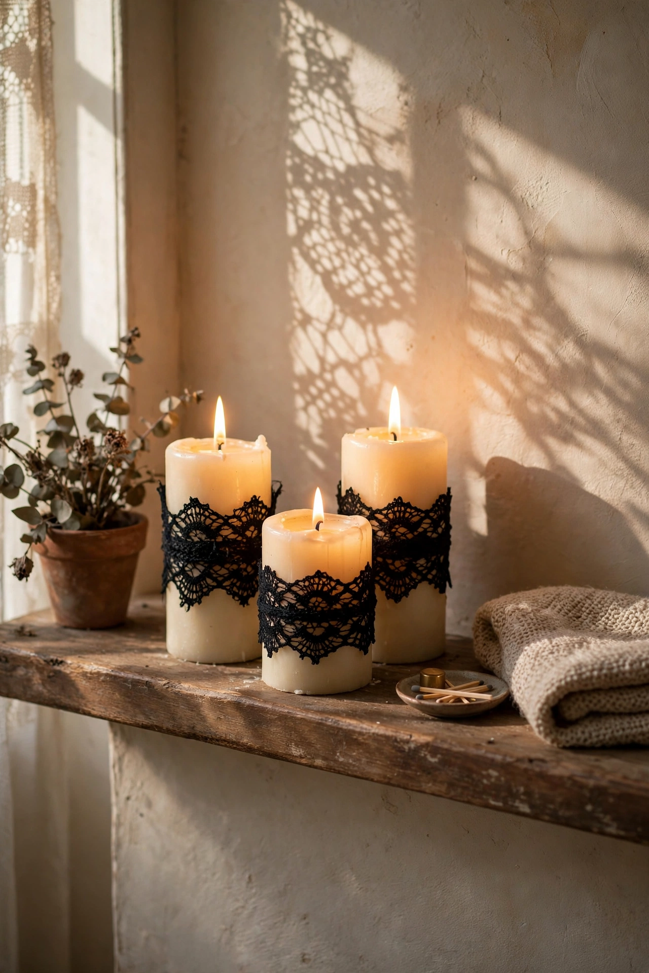 Pillar candles wrapped in black lace glowing on a mantel