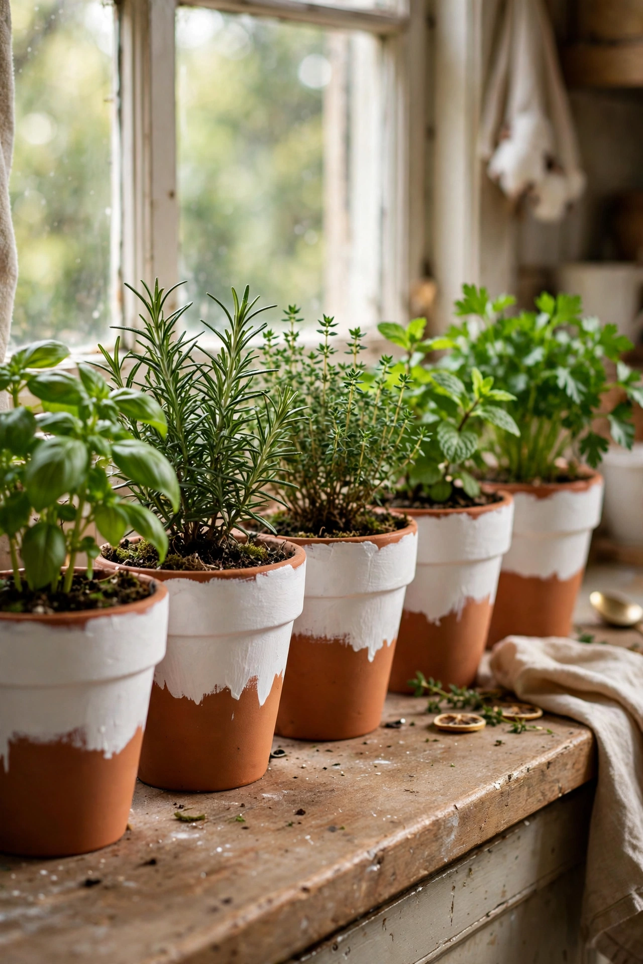 Terracotta pots with white two-tone dipped paint holding herbs on a windowsill
