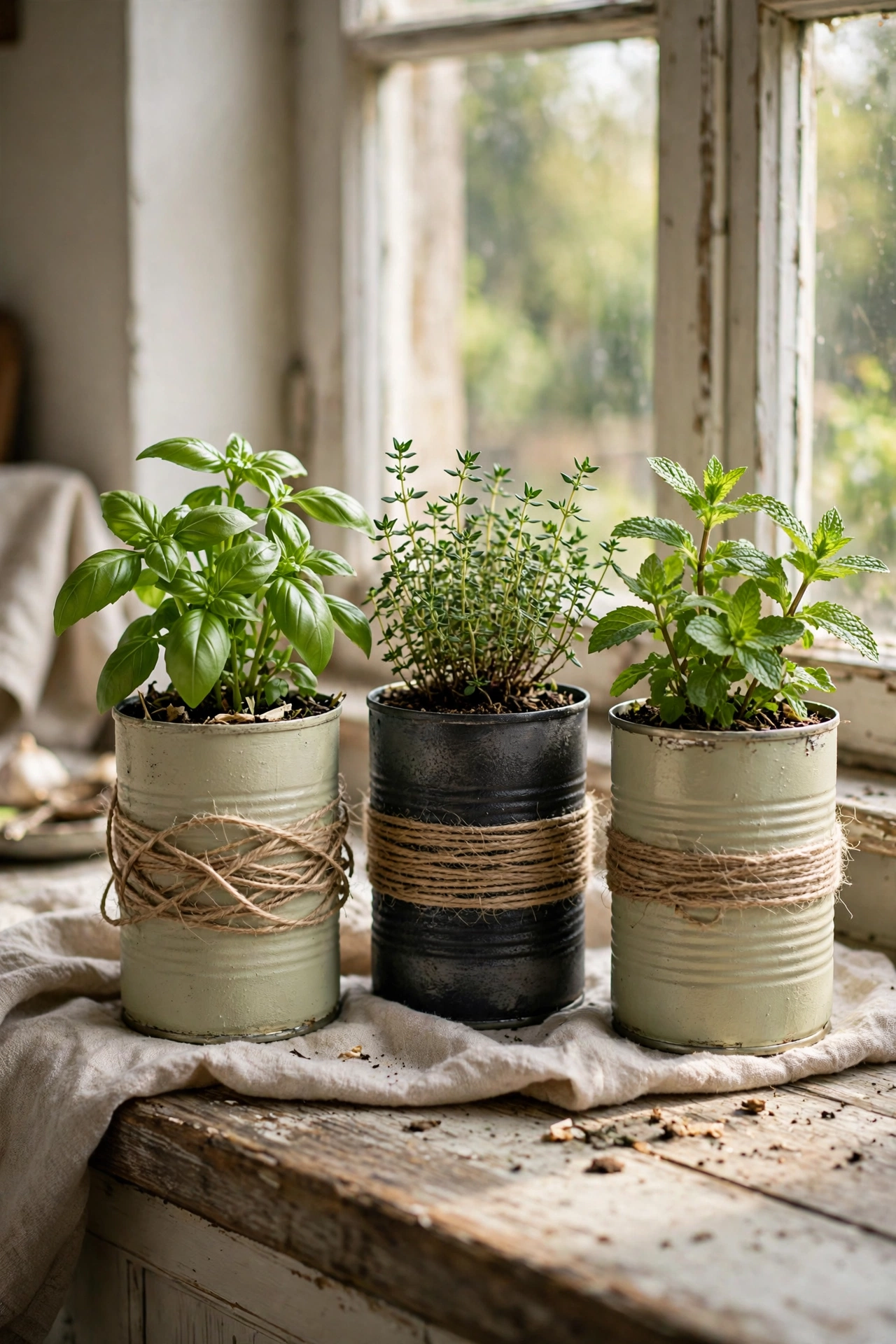 Spray-painted tin cans as herb planters on a kitchen sill