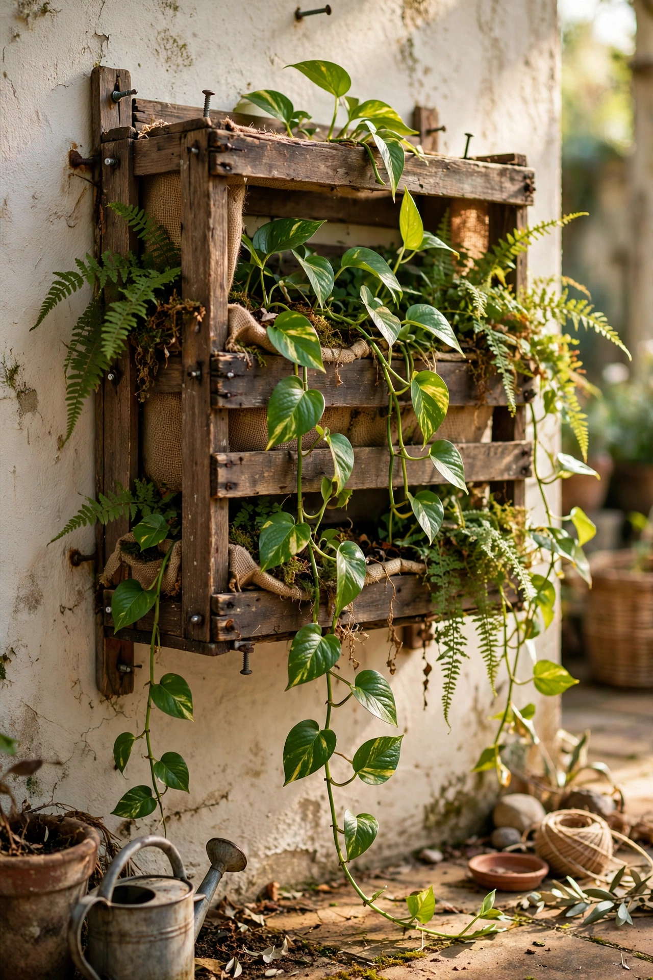 Wooden crate planter box mounted on a patio wall with trailing ferns