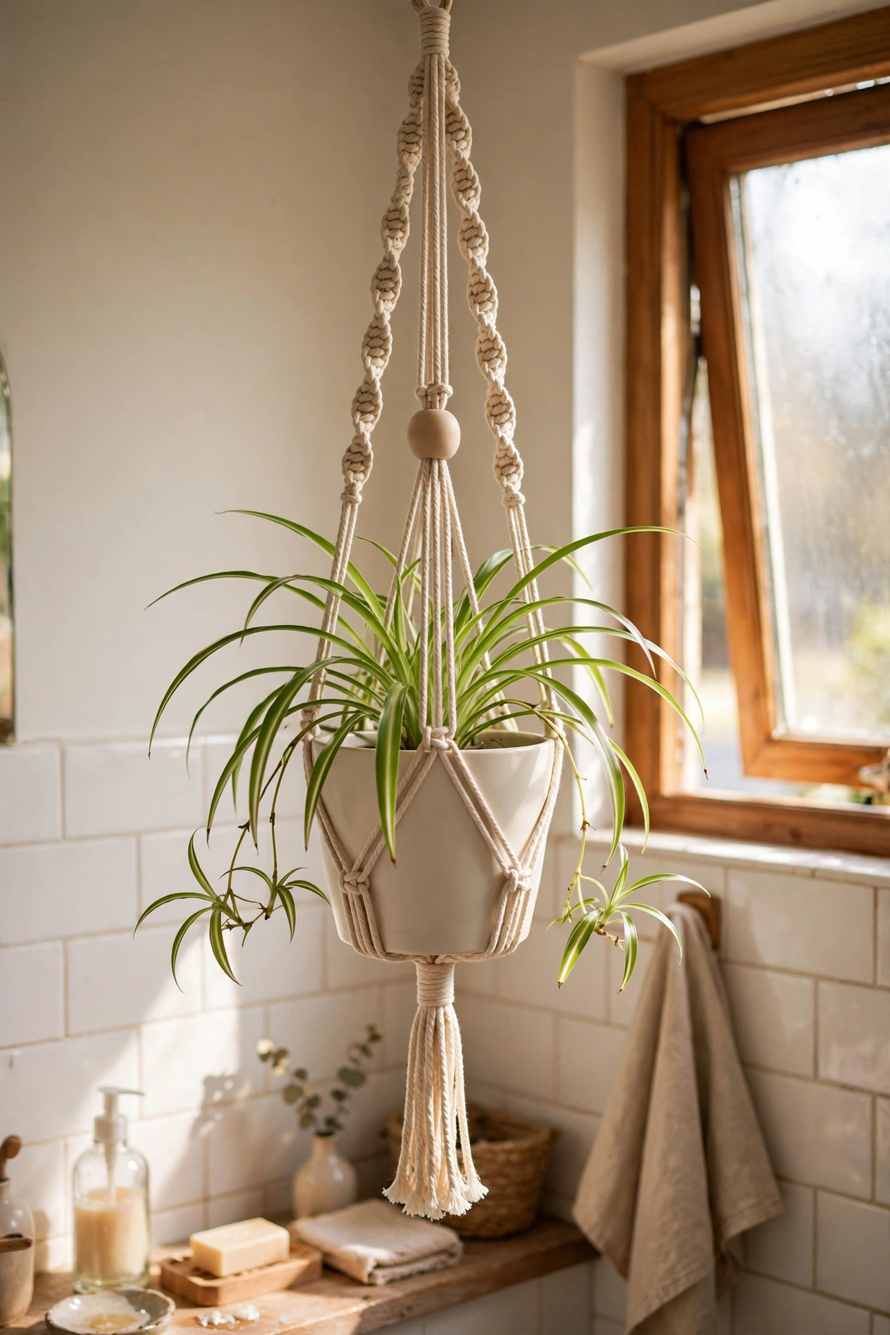 Simple rope macrame plant hanger holding a spider plant
