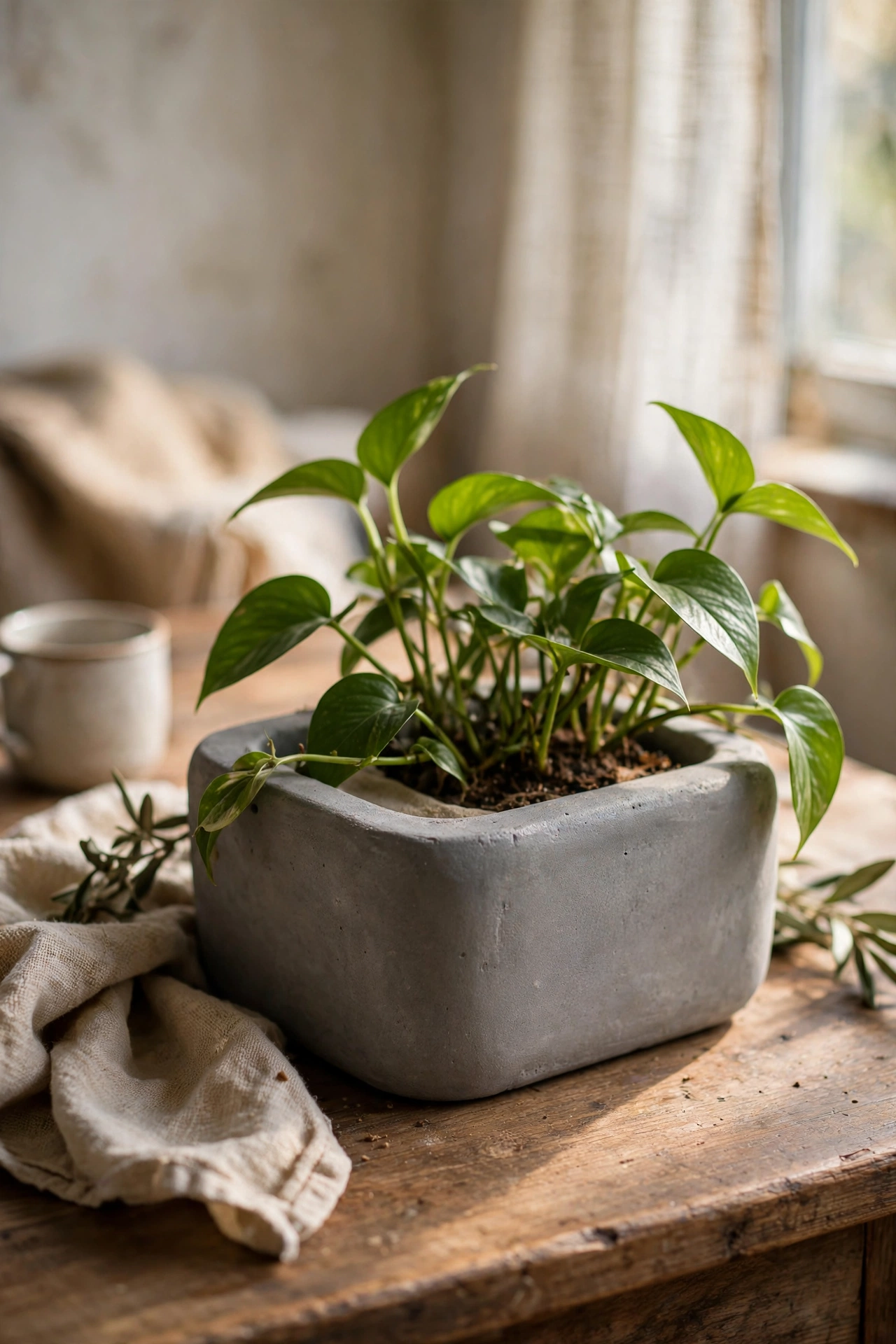 Handmade concrete planter made from plastic tub moulds