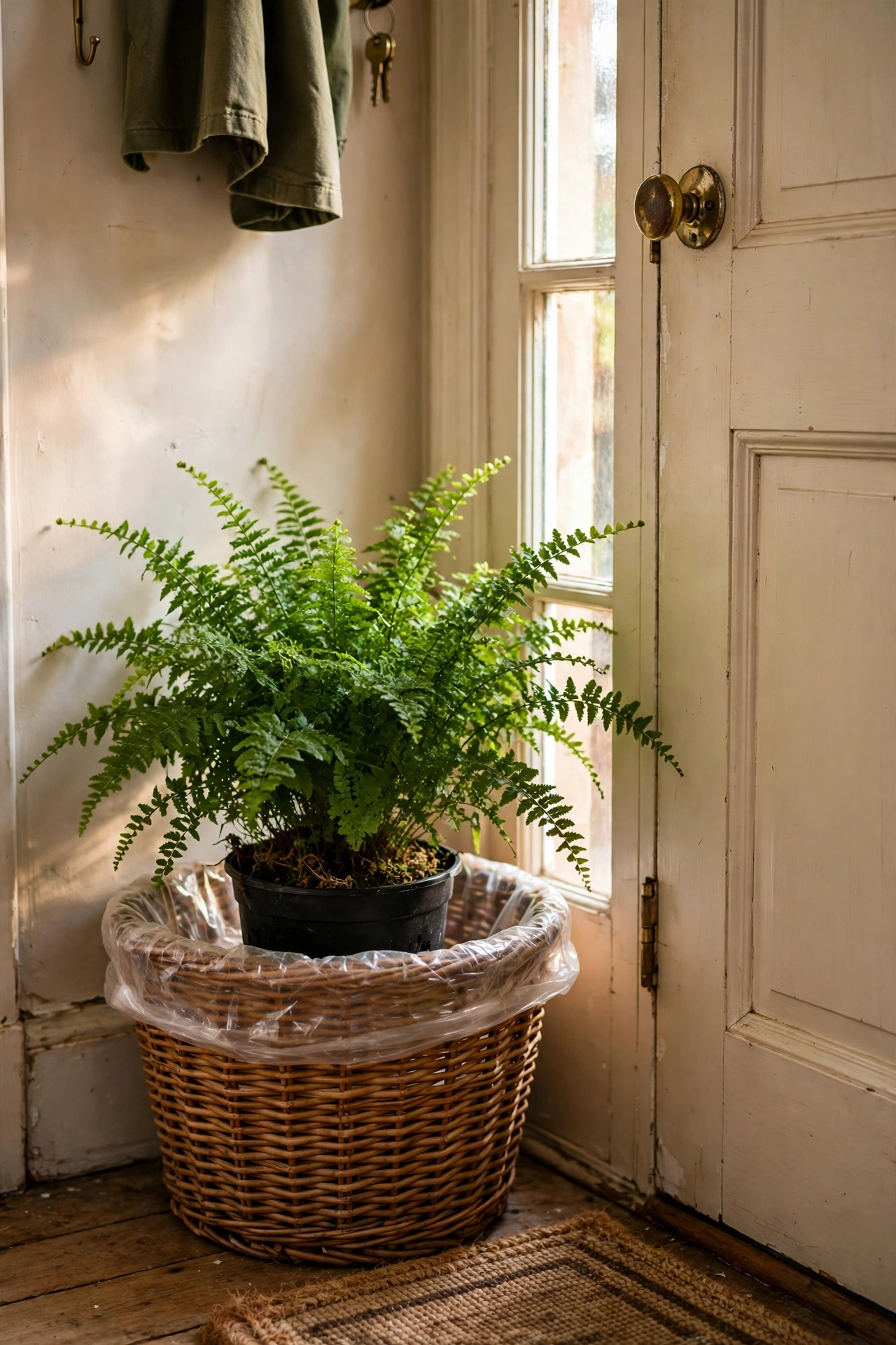 Thrifted wicker basket with a fern in a liner by a front door
