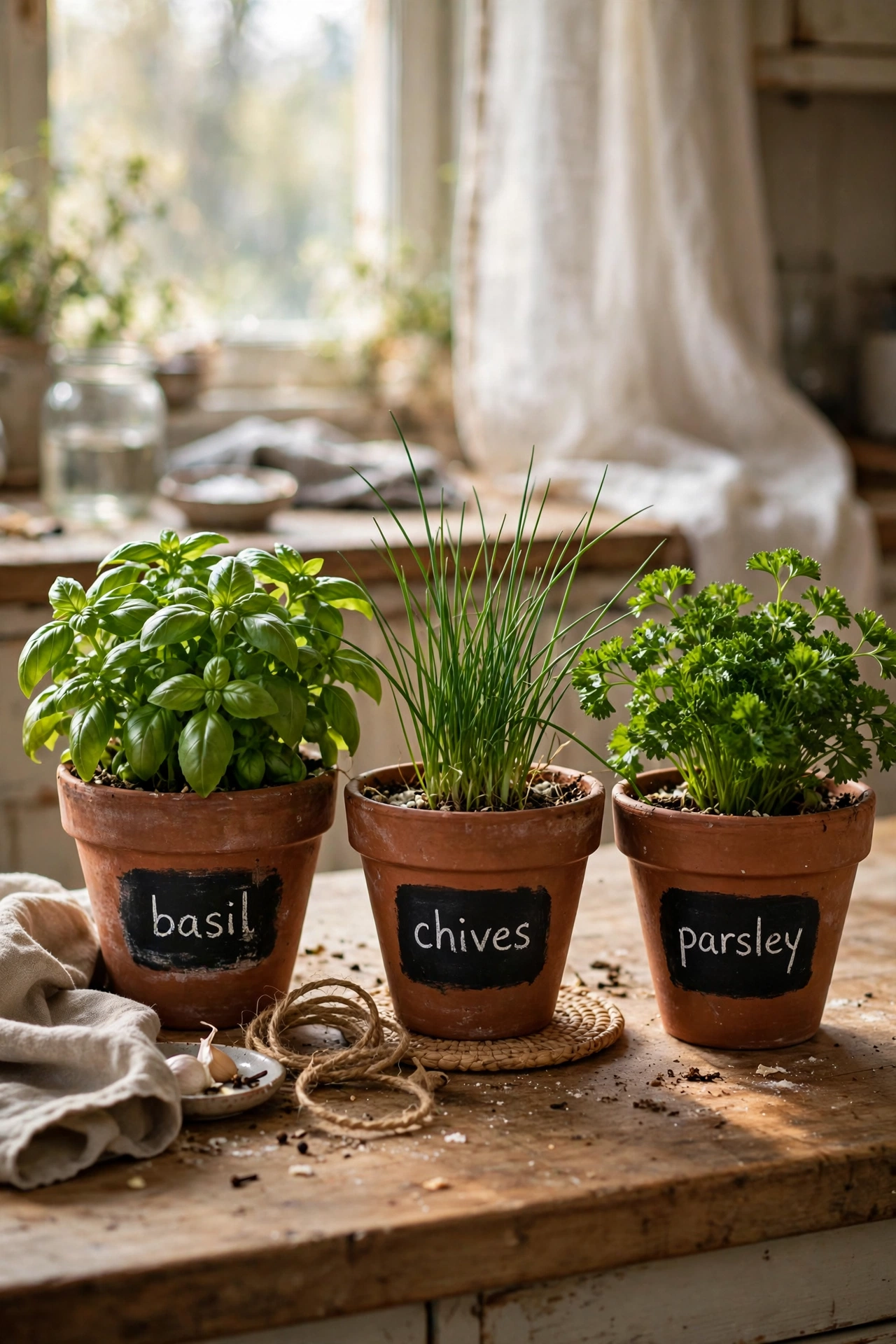 Terracotta pots with chalkboard labels for kitchen herbs