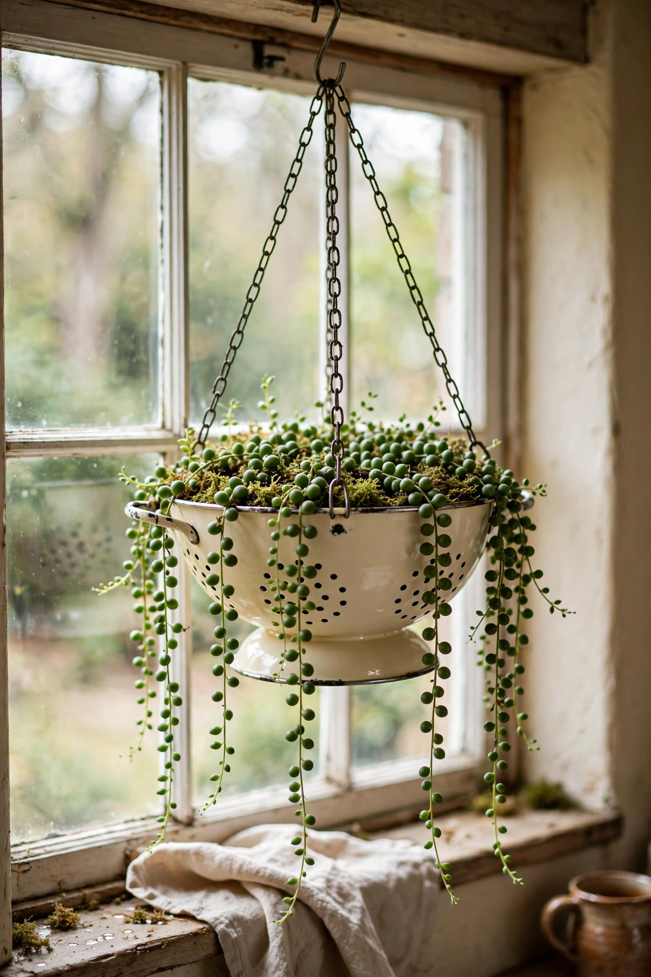 Enamel colander hanging planter with trailing plants in a kitchen window