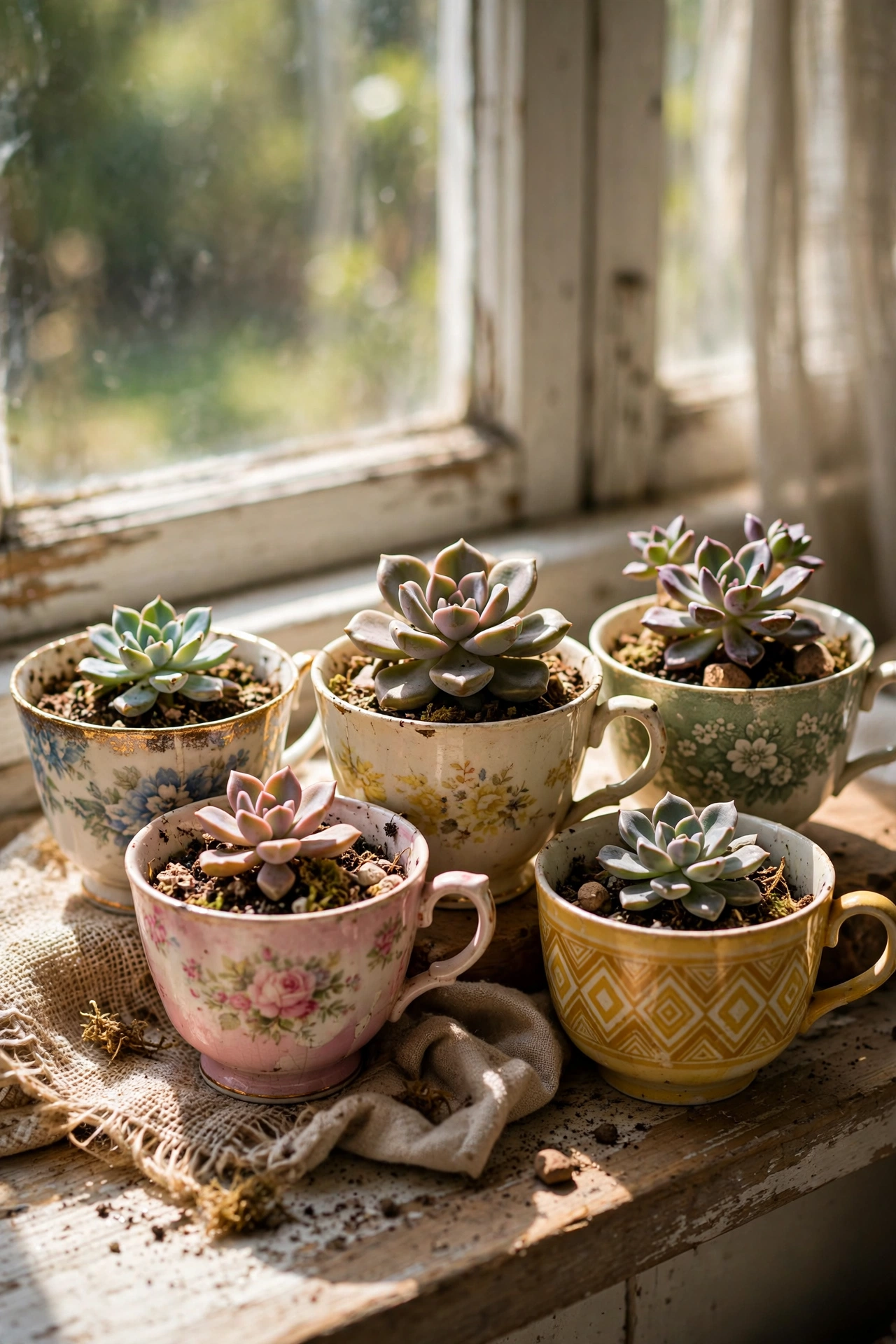 Mismatched teacups planted with succulents on a windowsill