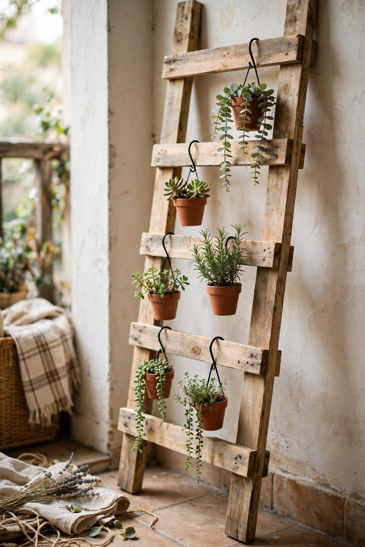 Pallet wood vertical planter frame with small pots on a balcony
