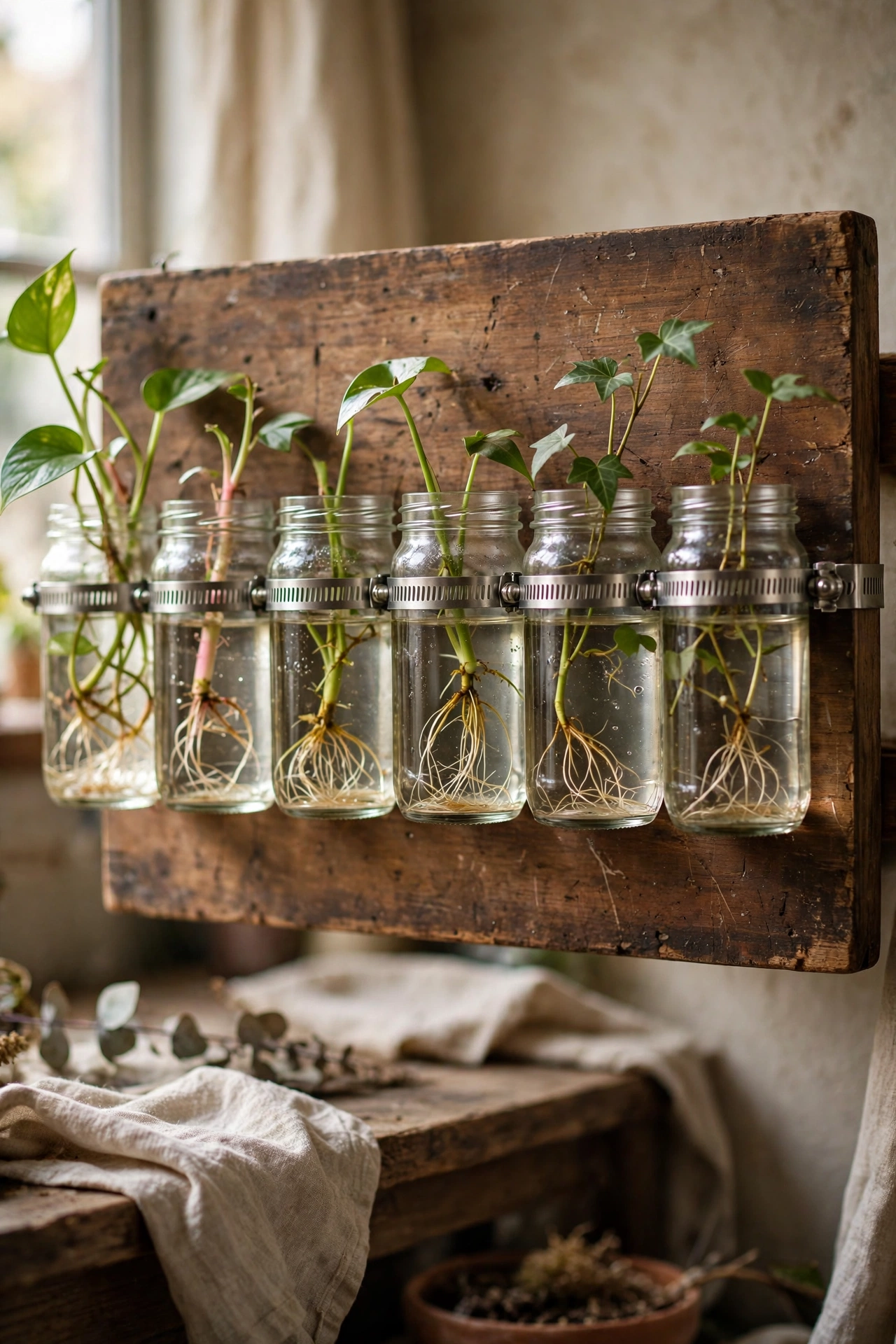 Glass jar propagation station with cuttings on a wooden board