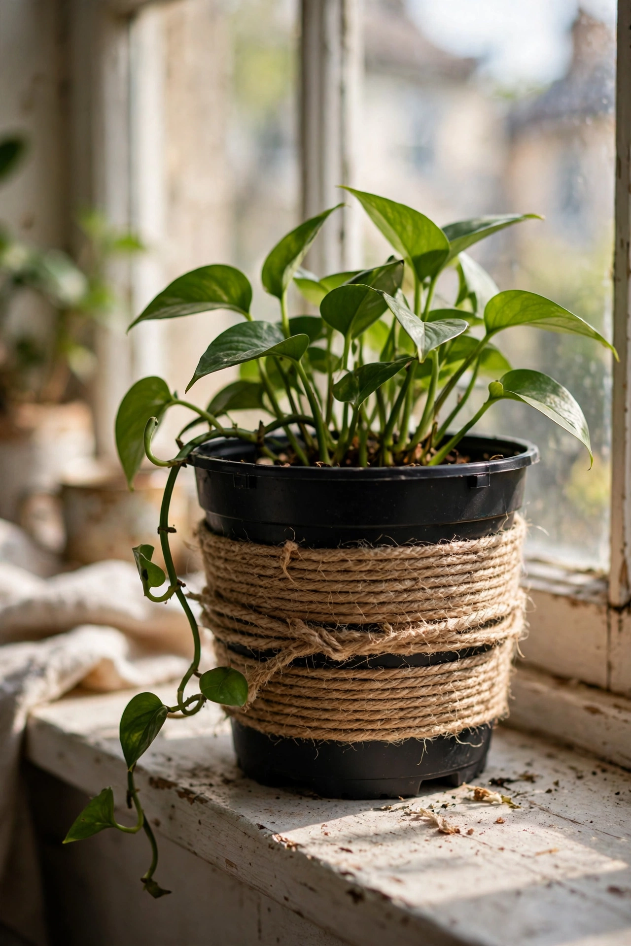 Black nursery pot wrapped in jute twine on a windowsill