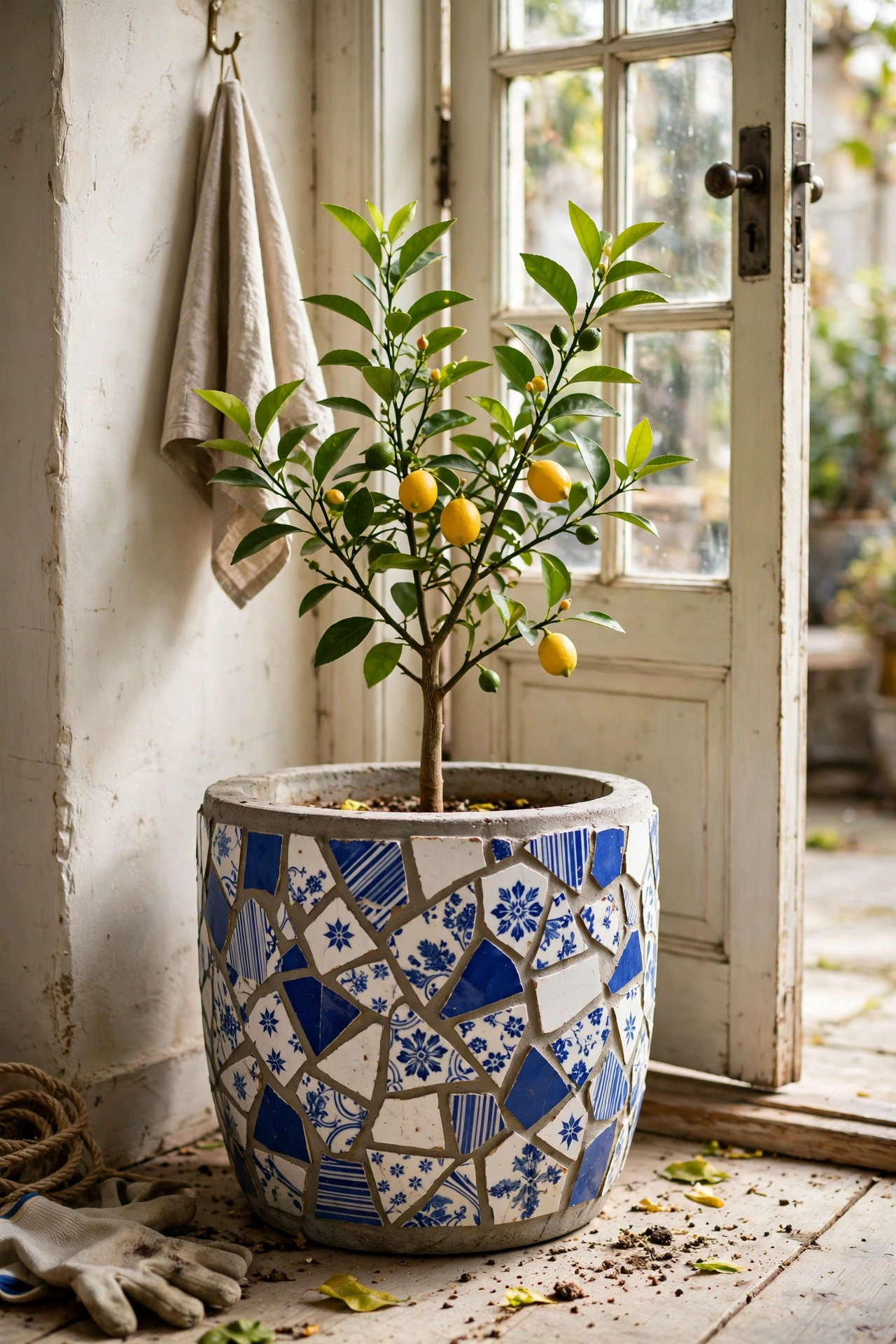 Concrete pot covered in blue and white broken tile mosaic