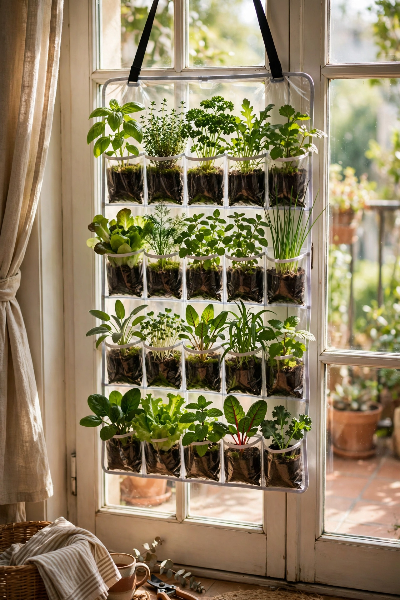 Over-door shoe organiser planted with herbs on a balcony door