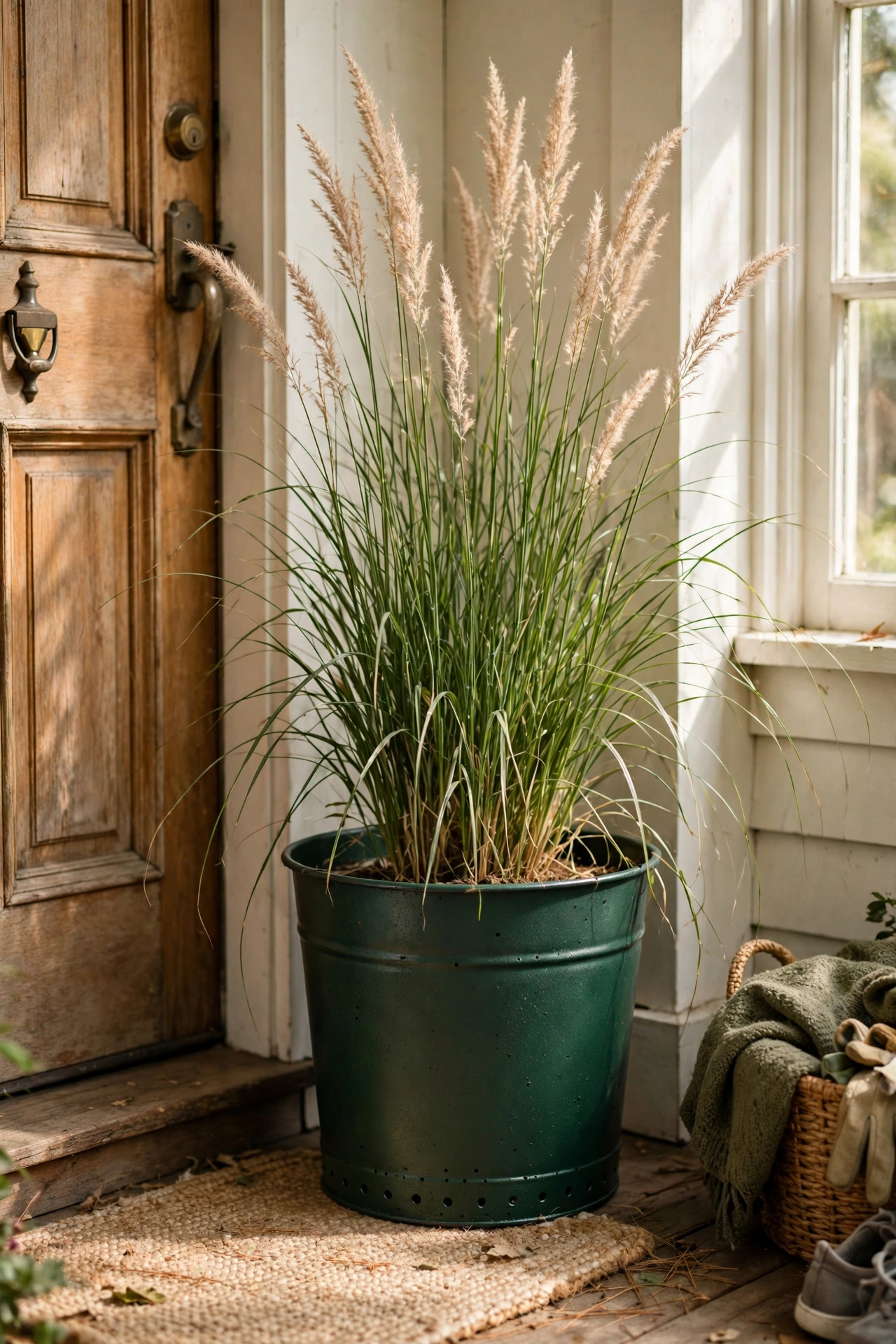 Metal bucket spray-painted forest green as a statement planter