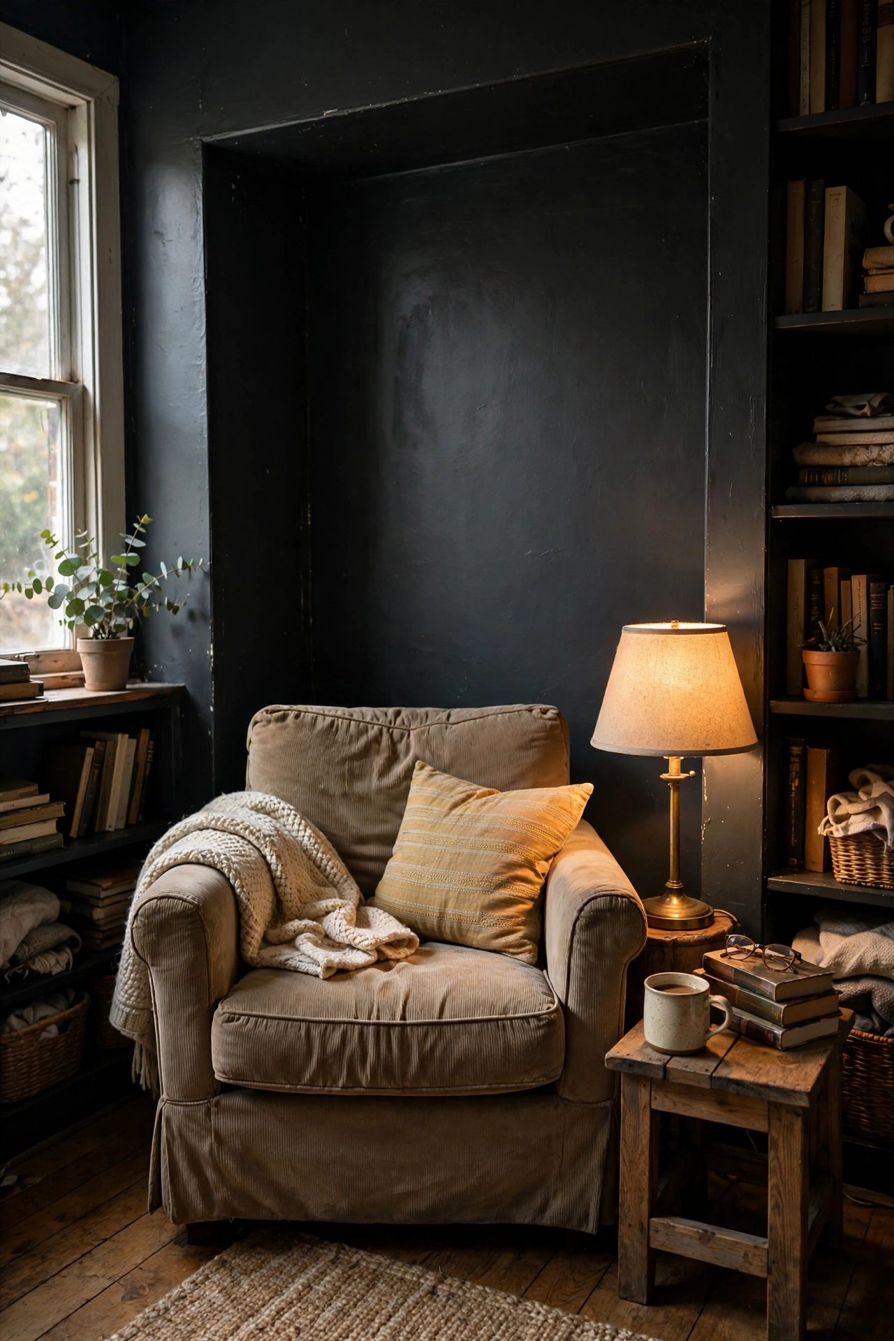 Charcoal painted alcove wall behind a reading armchair