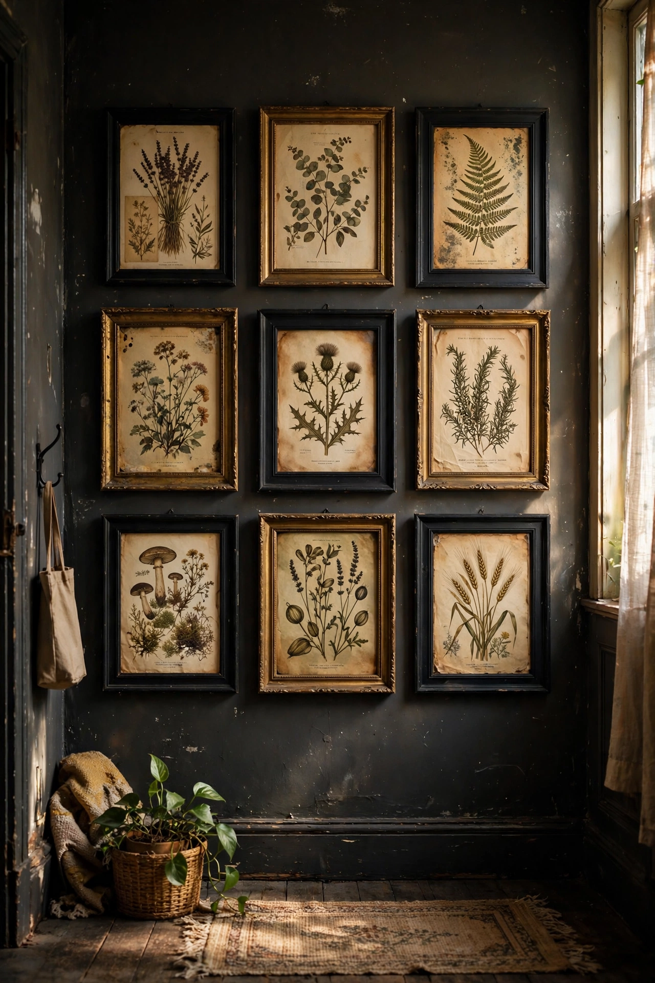 Gallery wall of black and gold thrifted frames in a hallway