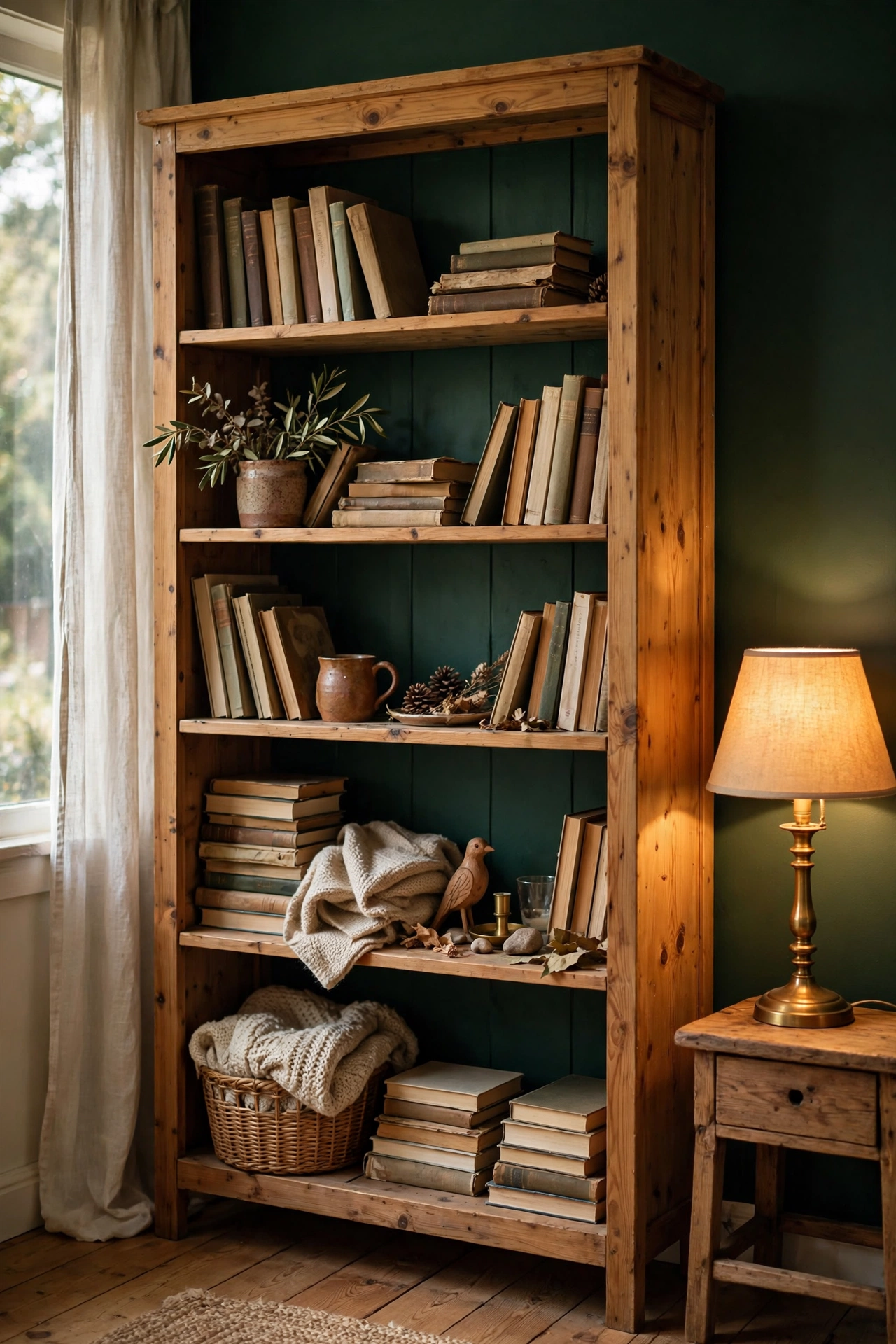 Bookcase with deep green painted back panels