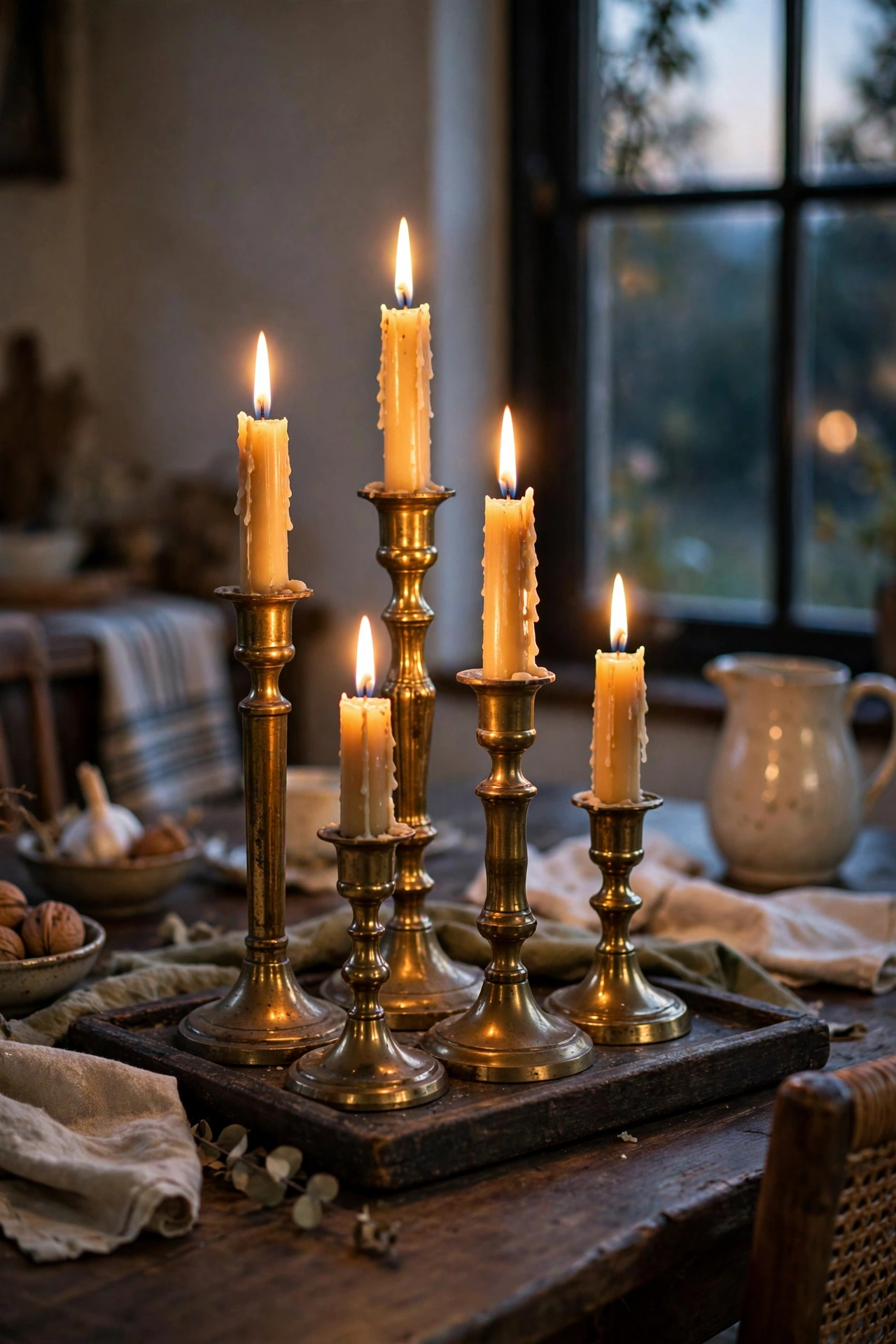 Cluster of thrifted brass candlesticks on a dark wooden tray