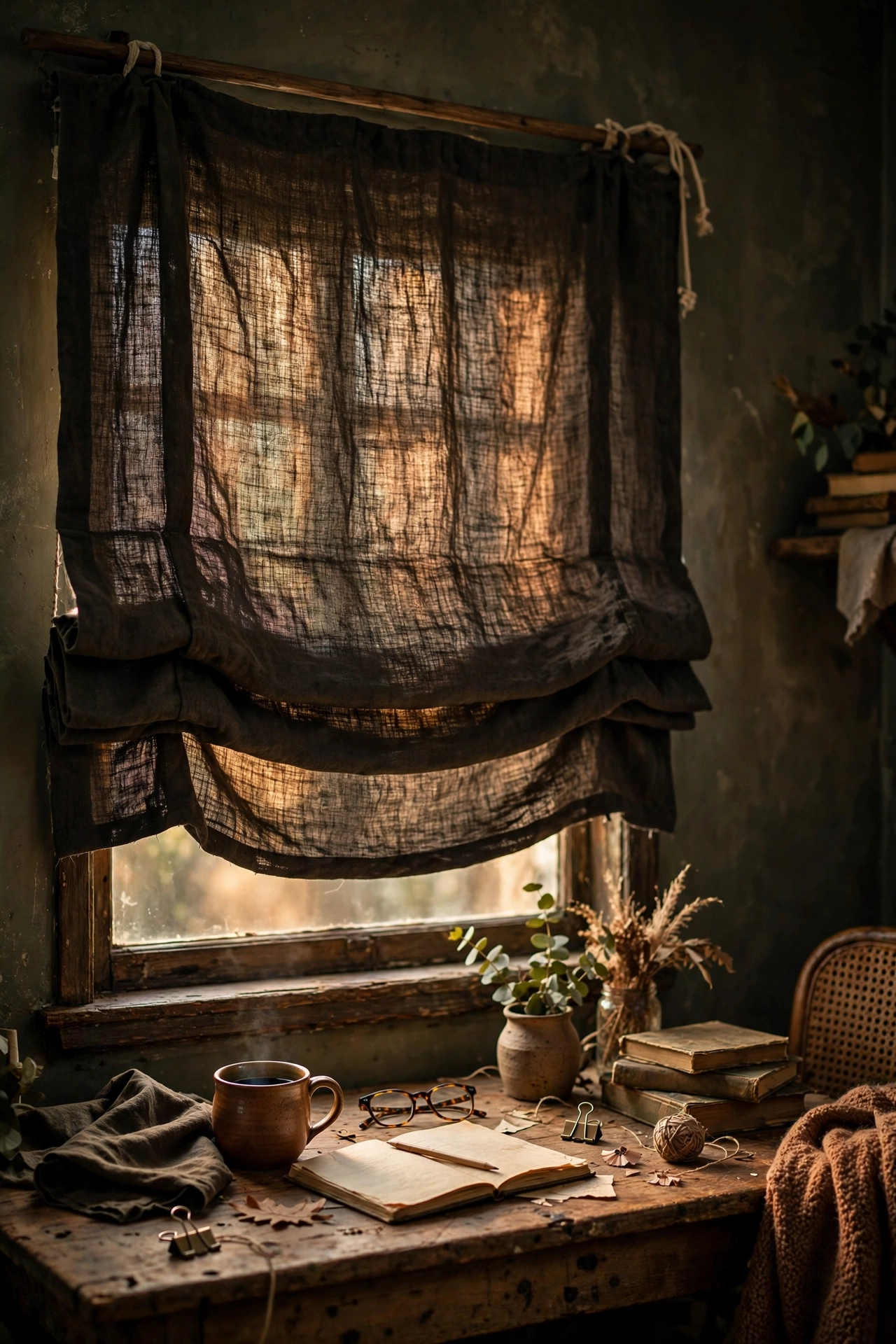 Dark linen no-sew roman shade on a study window