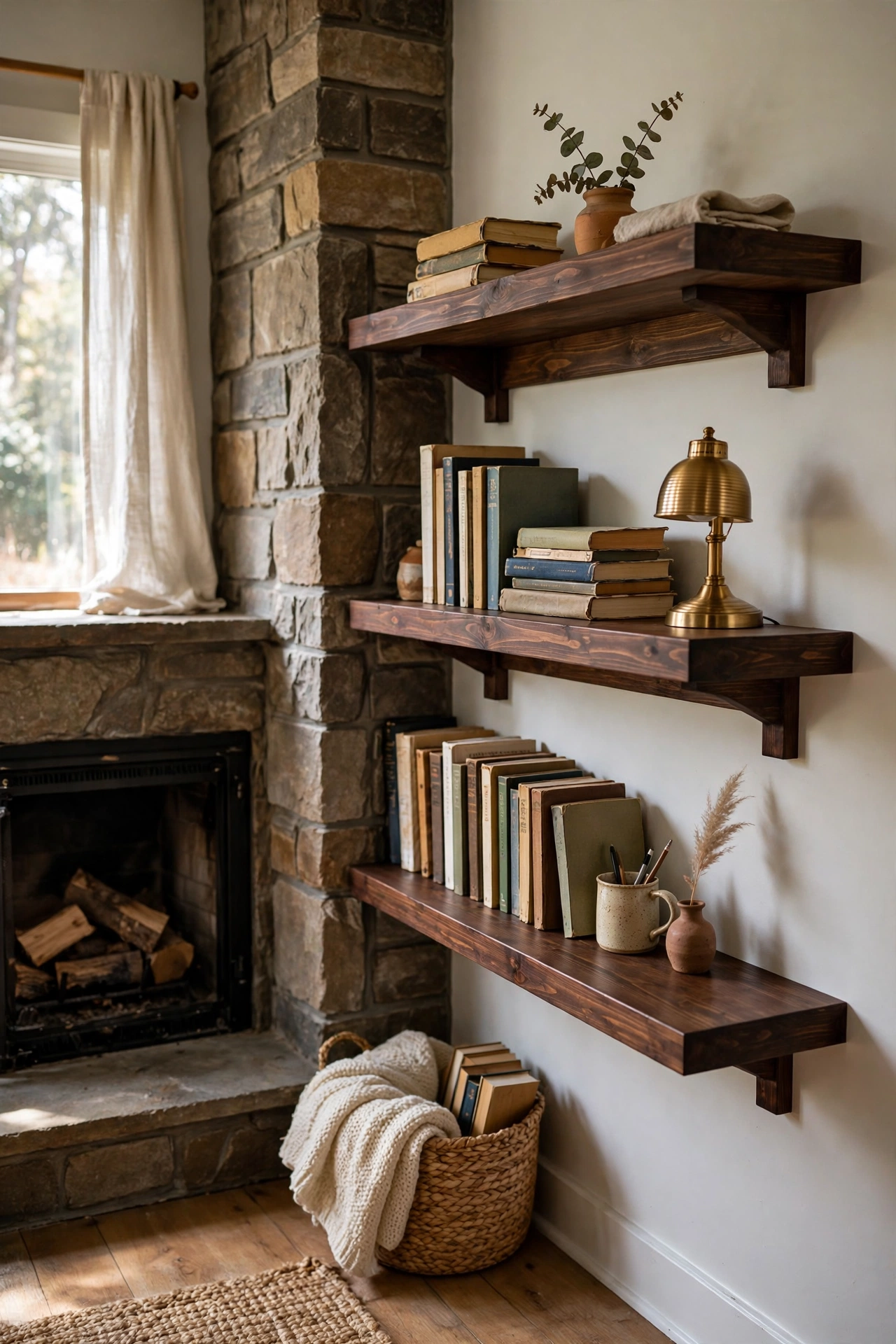 Dark walnut stained floating shelves beside a fireplace