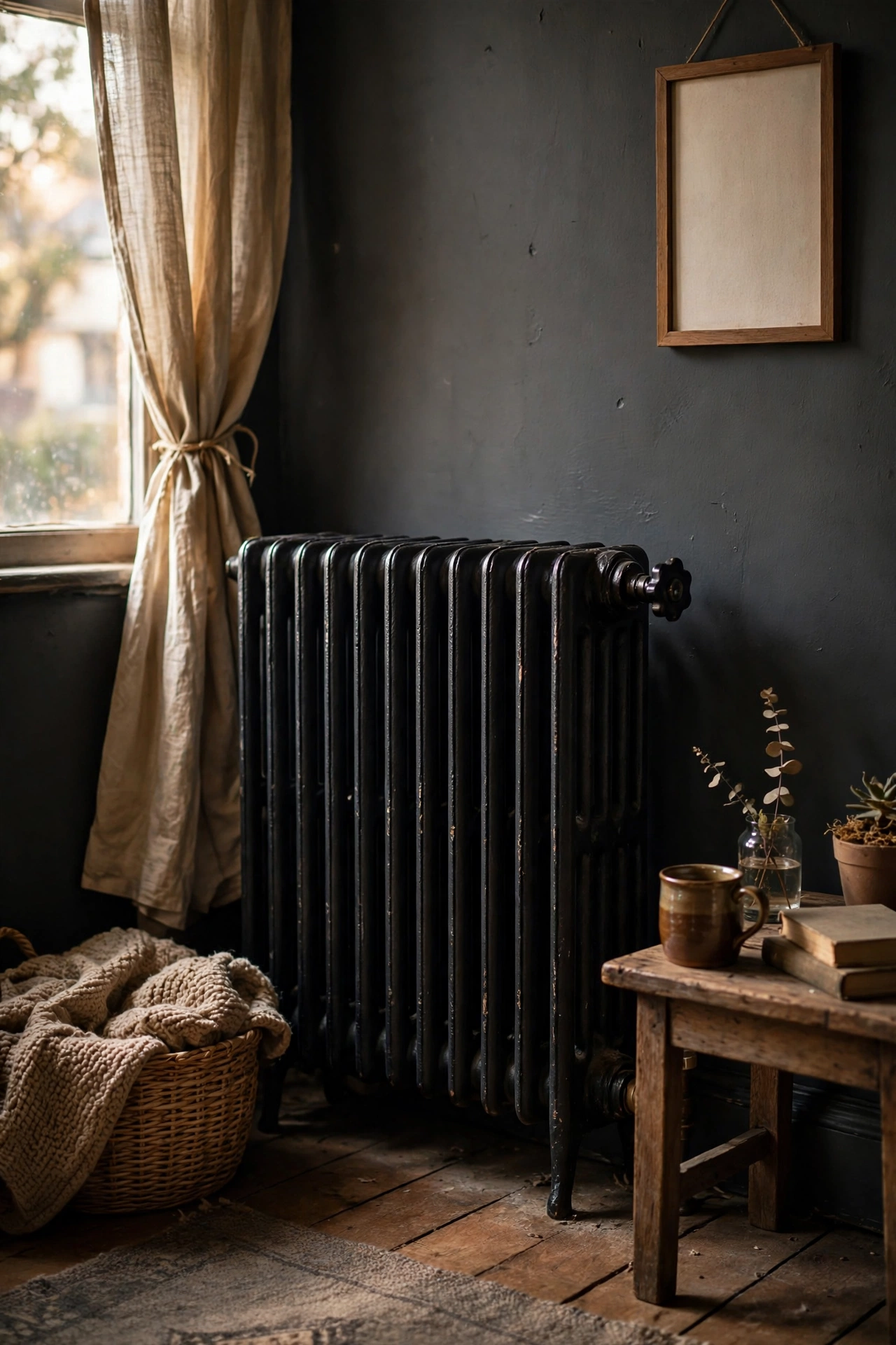 Radiator painted matte black against a dark wall