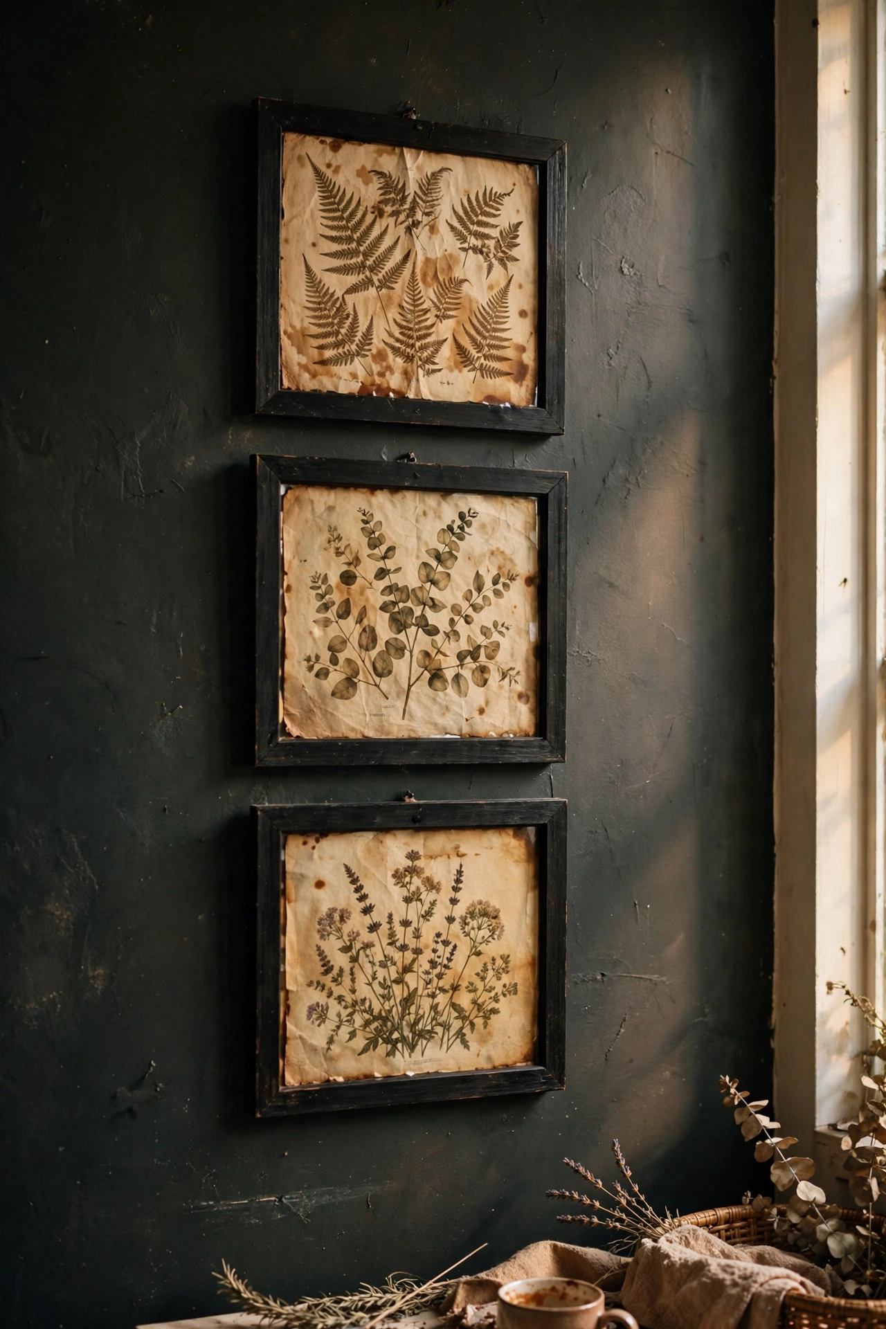 Tea-stained vintage botanical prints in black frames