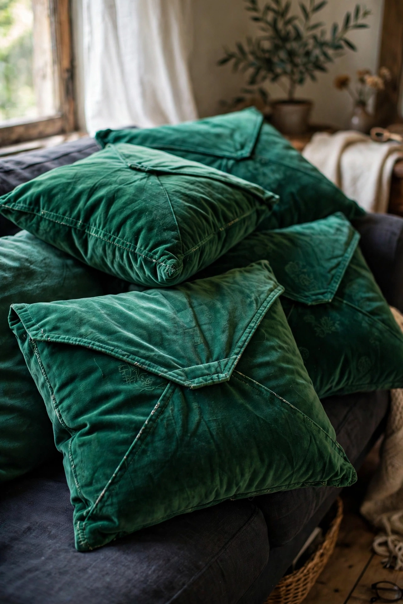 Emerald velvet cushion covers sewn from thrifted curtains