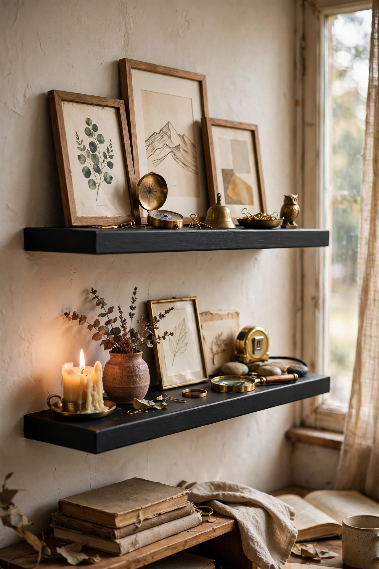 Black painted picture ledges layered with art in a study