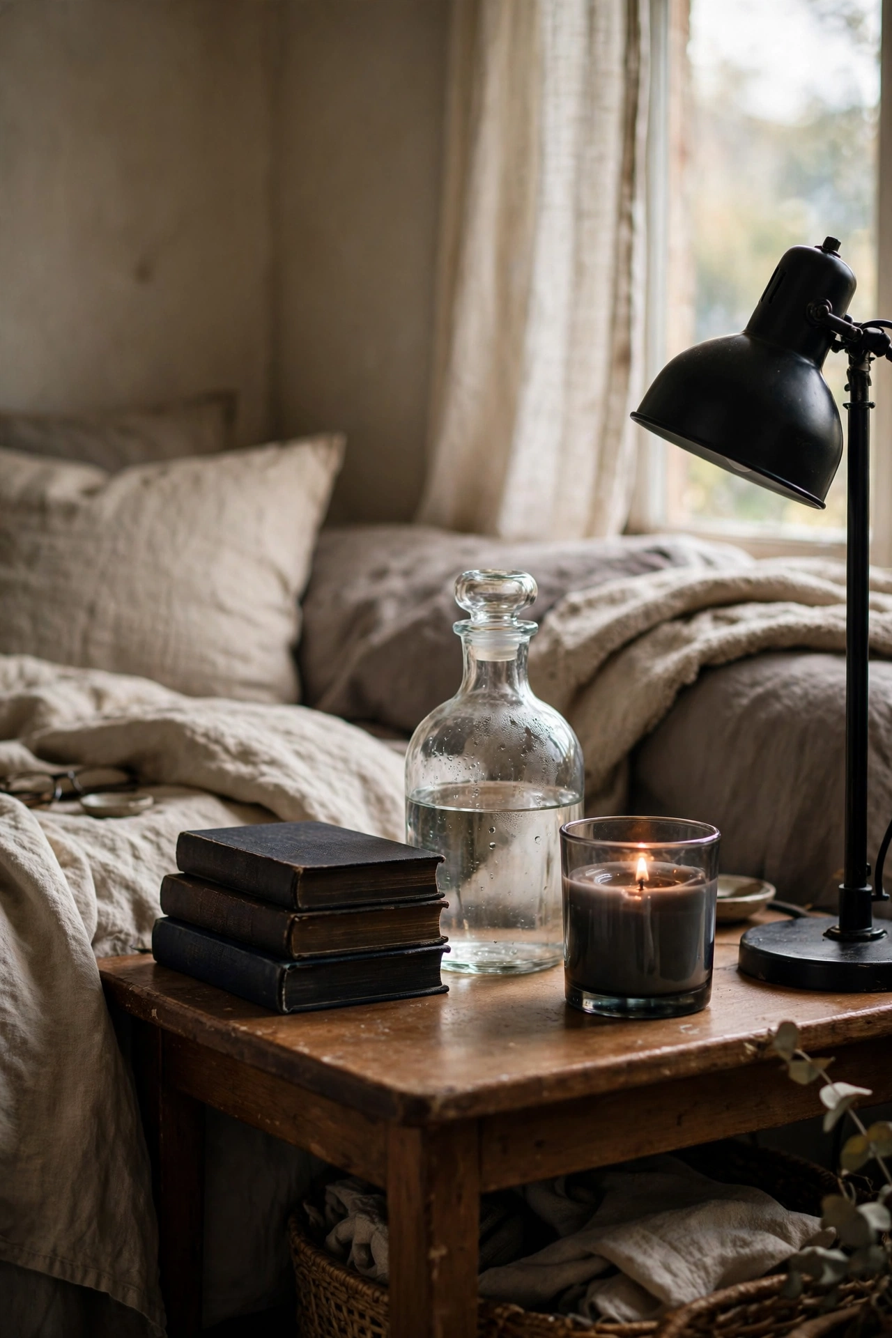 Bedside table styled with dark books carafe and candle