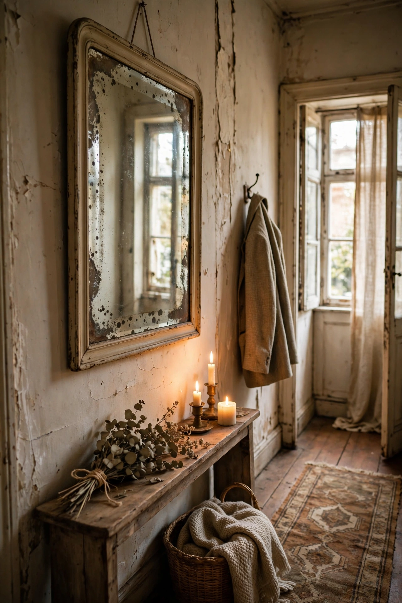 Thrifted mirror with vinegar-aged foxed edges in a hallway