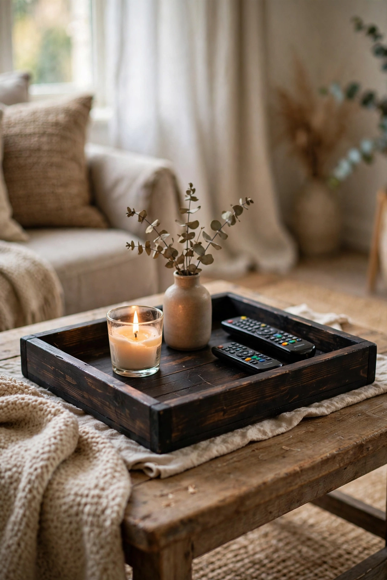 Wooden serving tray stained nearly black holding candles
