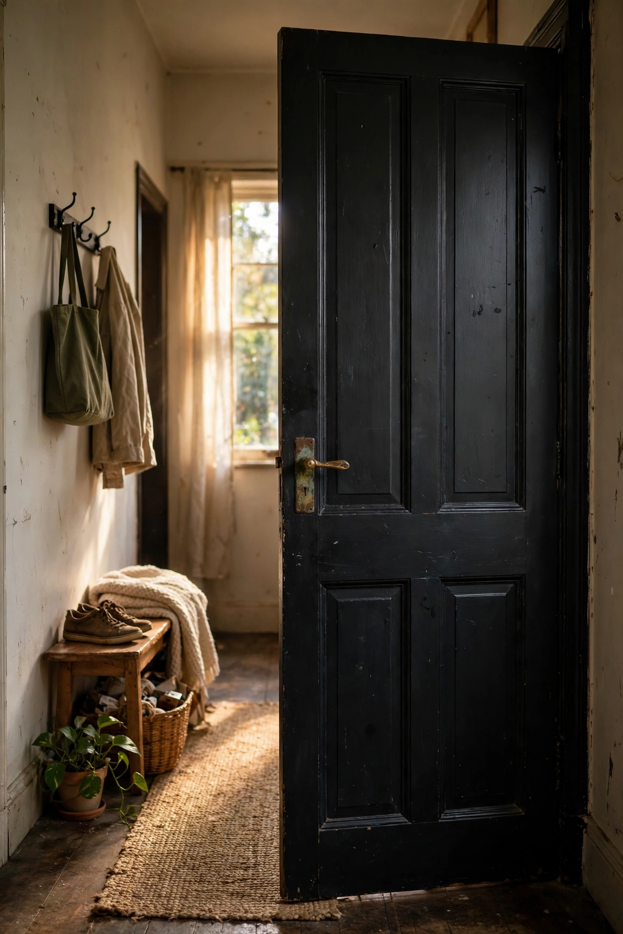 Interior door painted ink black with aged brass handle