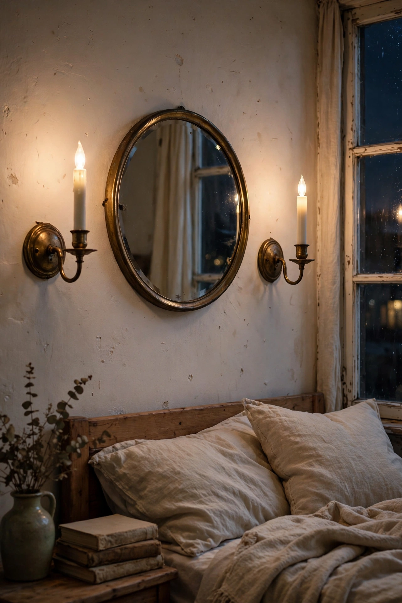 Brass wall sconce candle holders flanking a bedroom mirror