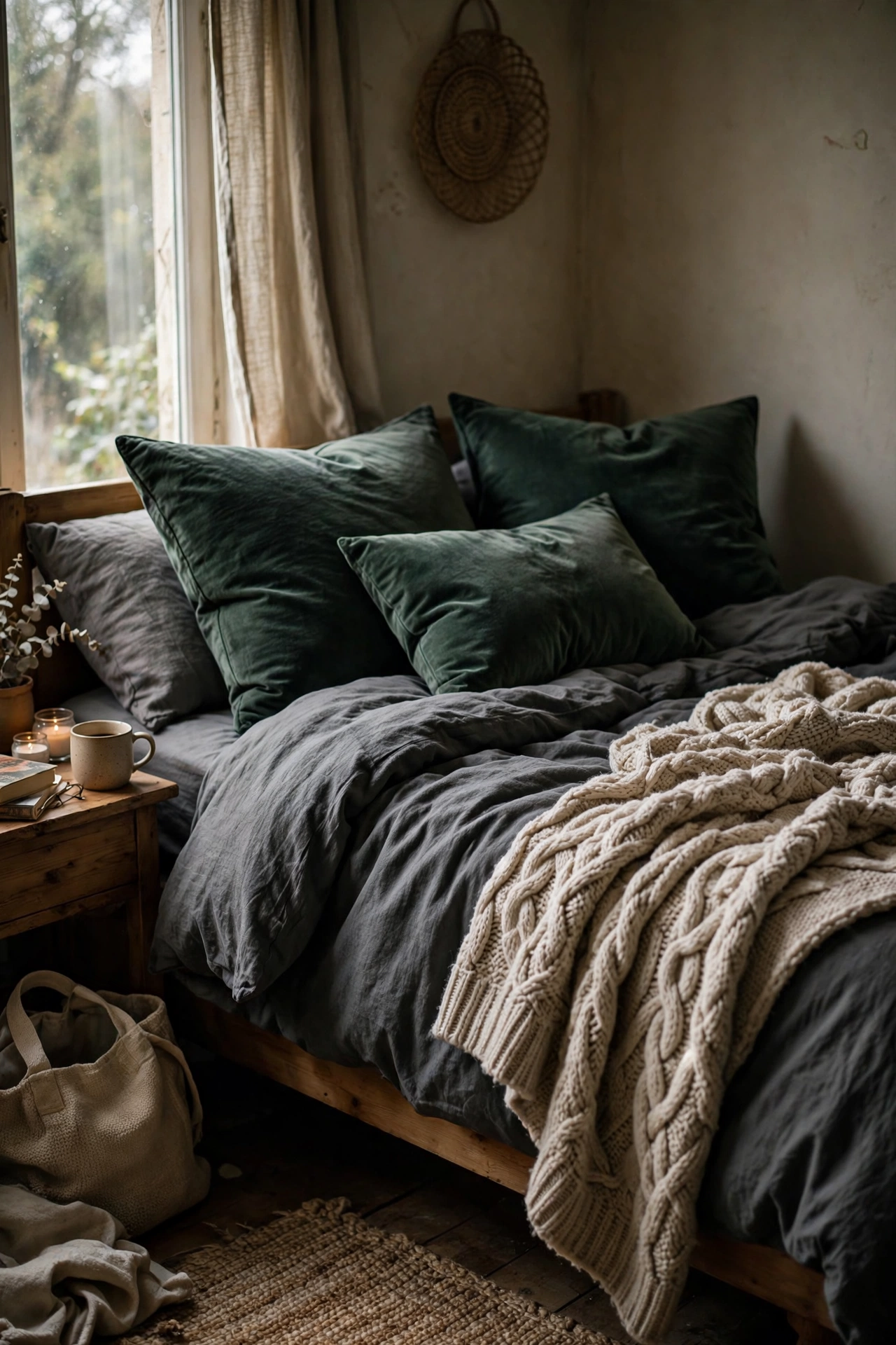 Bed with layered charcoal bedding knit throw and velvet cushions