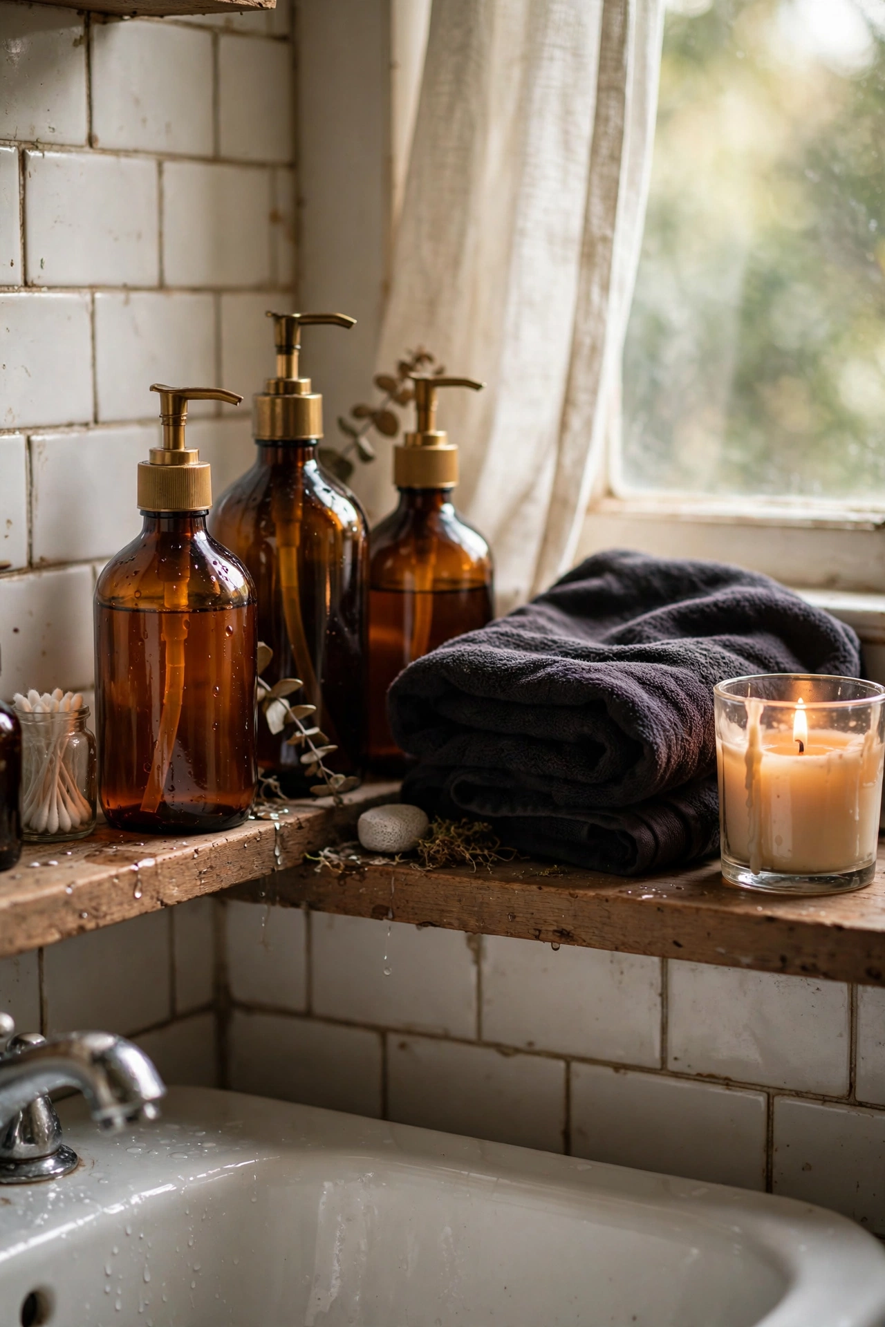 Bathroom shelf with amber glass bottles and dark towel
