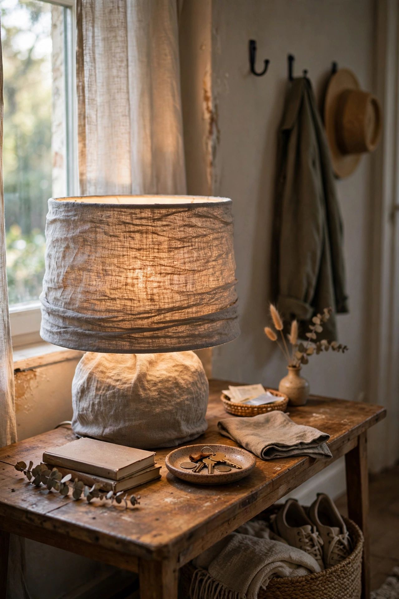 Drum lampshade wrapped in warm grey linen glowing softly