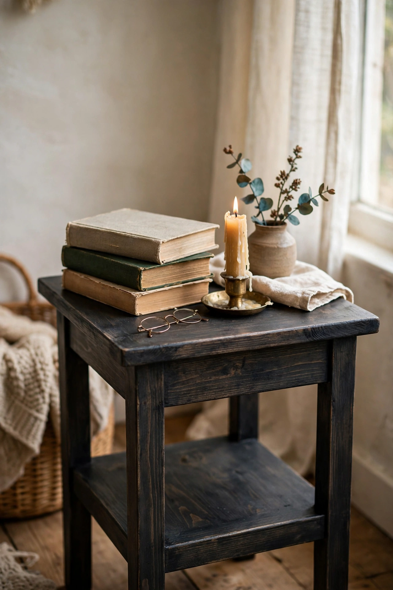 Pine side table refinished with charcoal chalk paint and dark wax