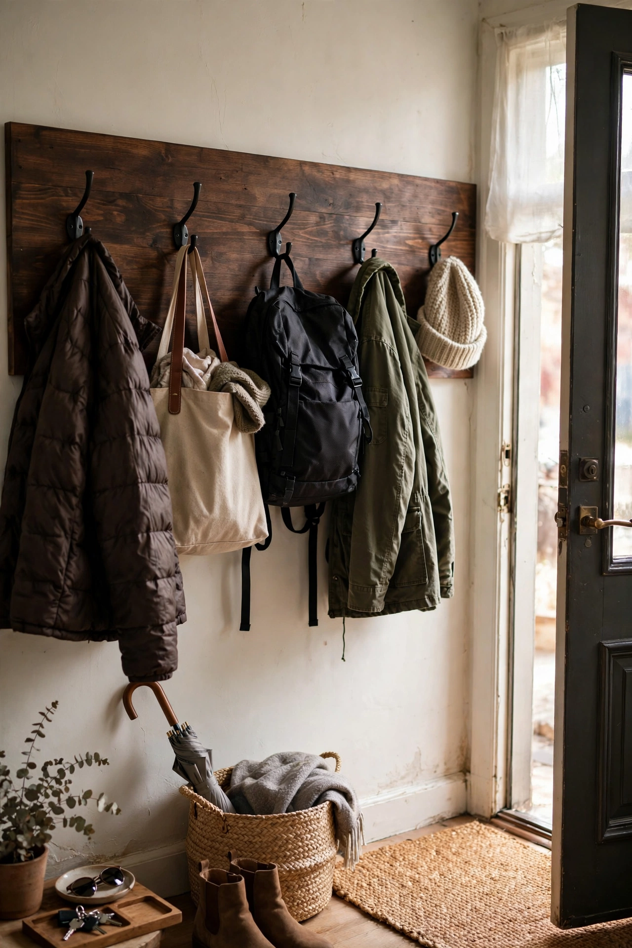 Dark walnut stained hook board with black metal hooks in a hallway