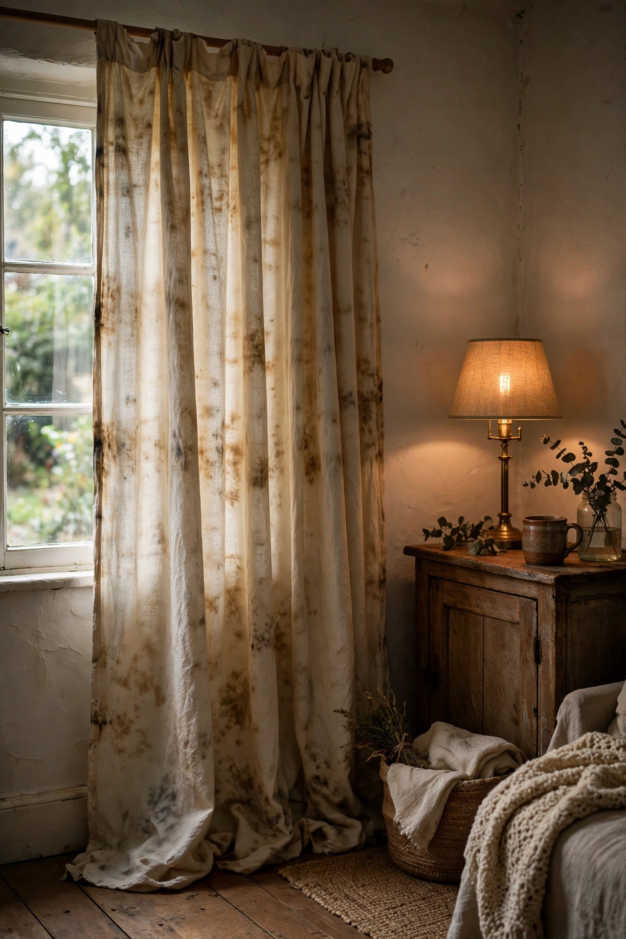 White curtains dyed warm ivory with tea hanging in a living room