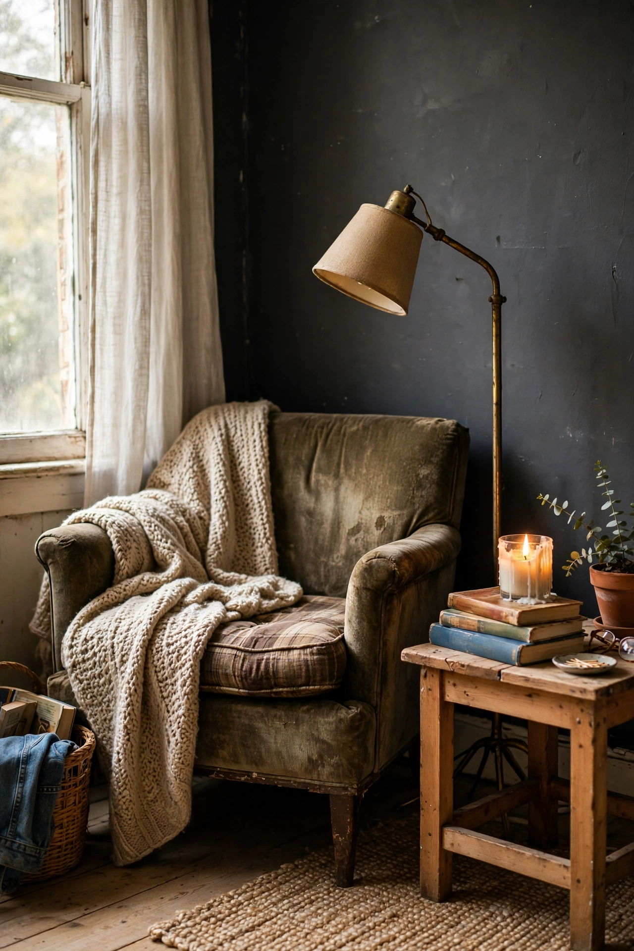 Cosy reading corner with armchair brass floor lamp and books