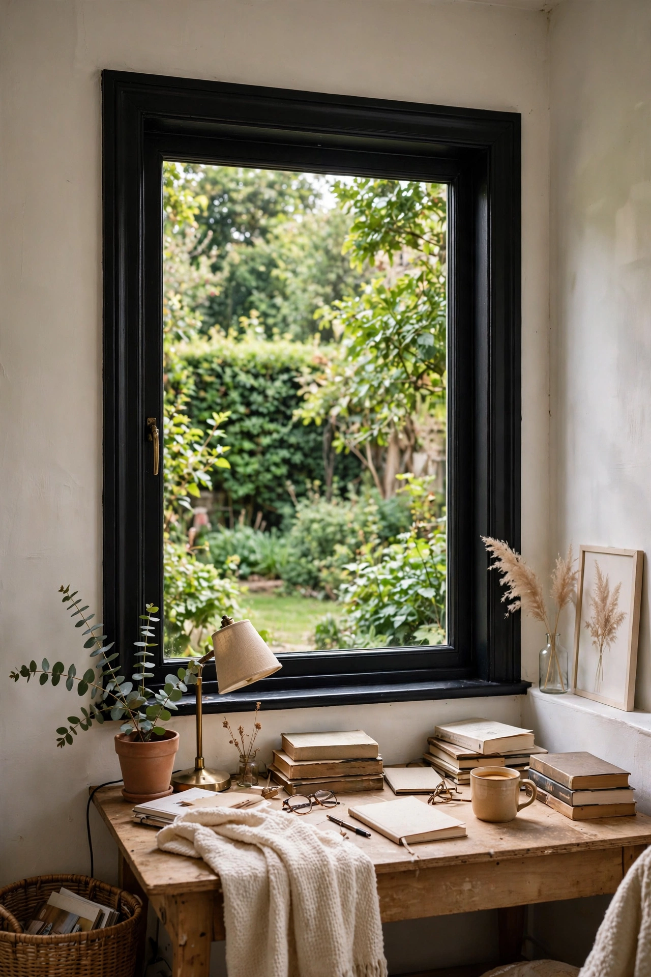 Interior window trim painted black framing a garden view