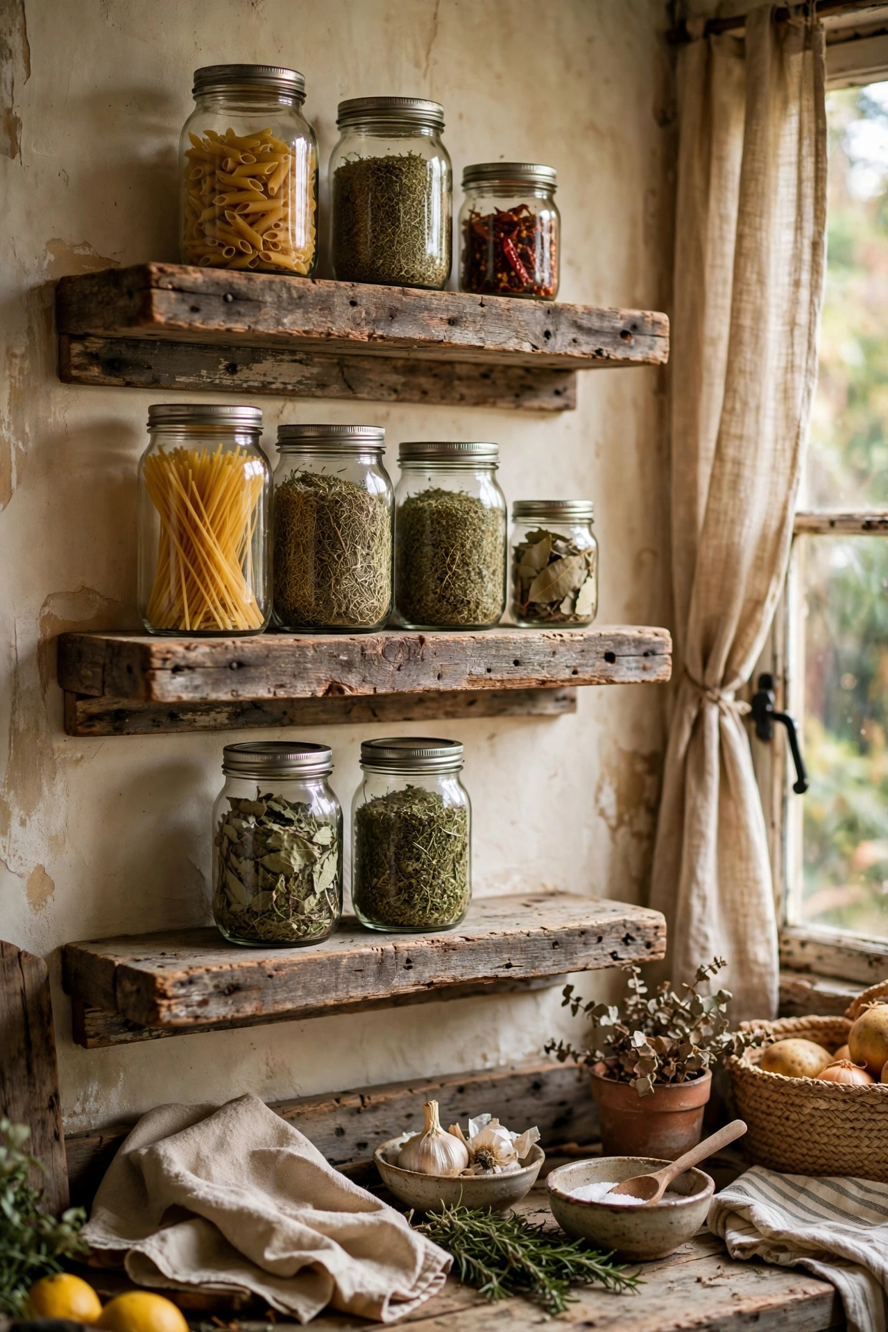 Weathered reclaimed wood floating shelves holding jars in a kitchen