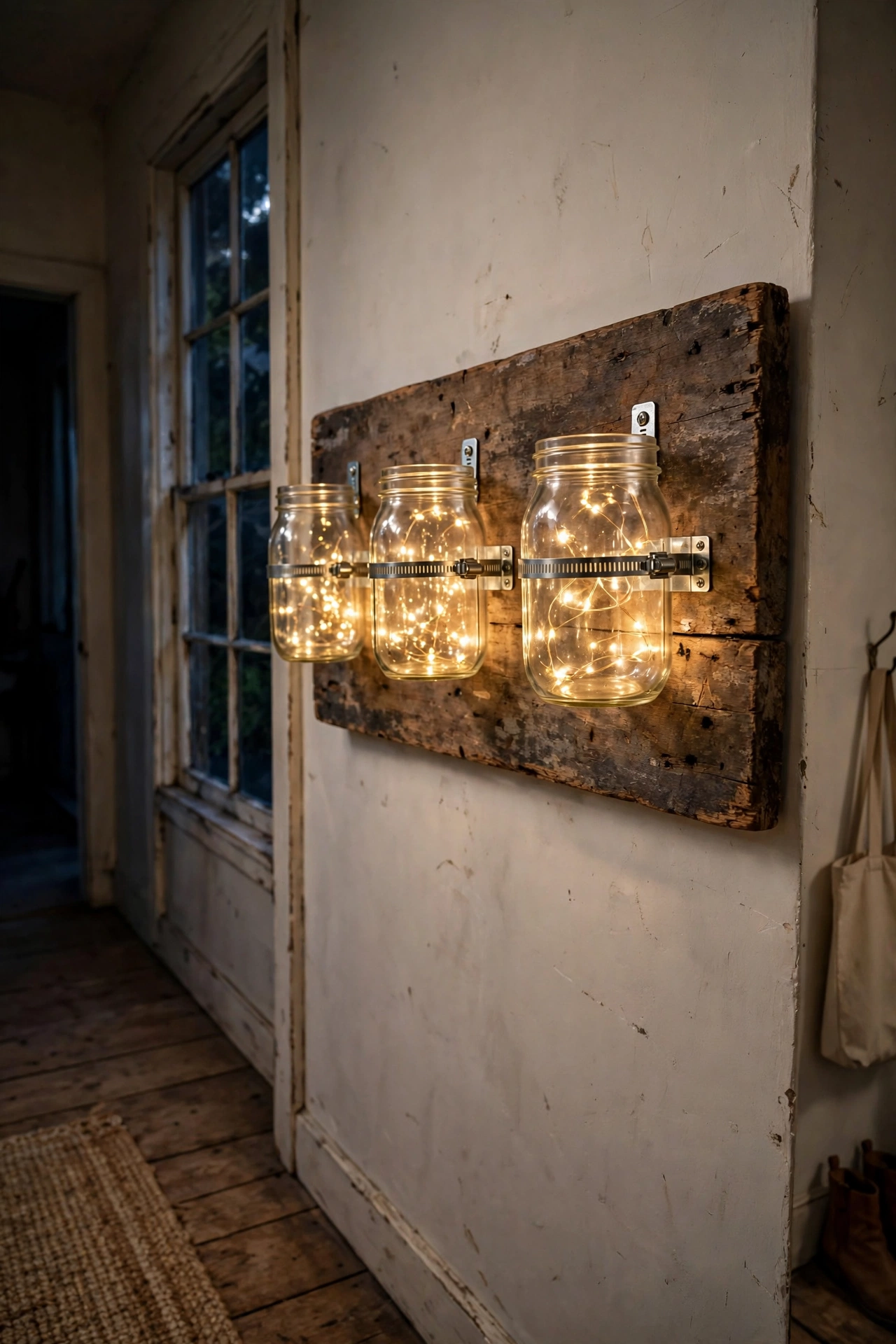Mason jar sconce lights clamped to a reclaimed wood board