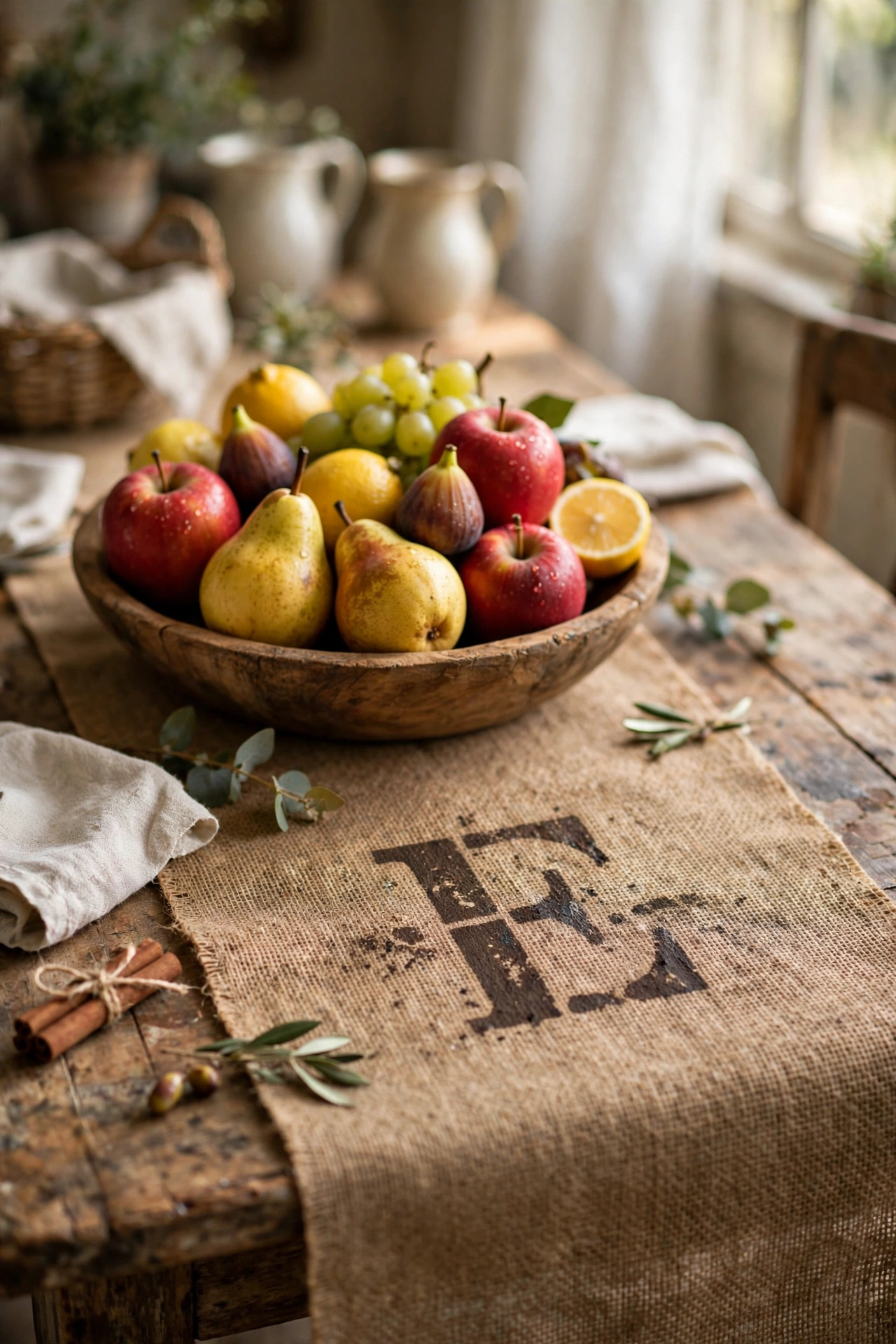 Burlap table runner with stencilled monogram on a farmhouse table