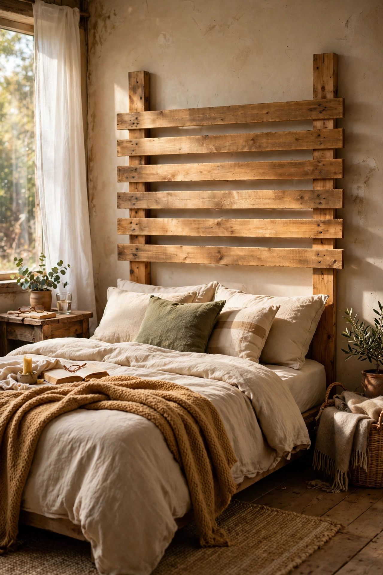 Headboard made from horizontal pallet slats behind a bed