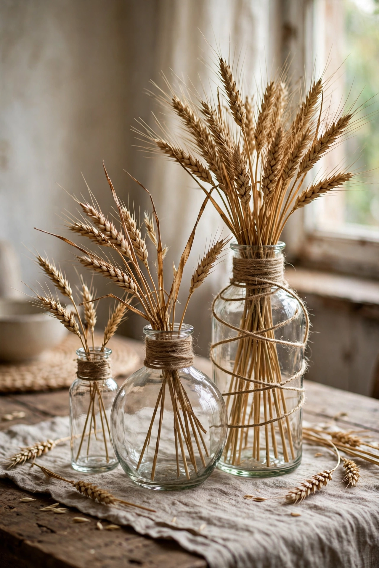 Glass vases wrapped in twine with dried wheat stems
