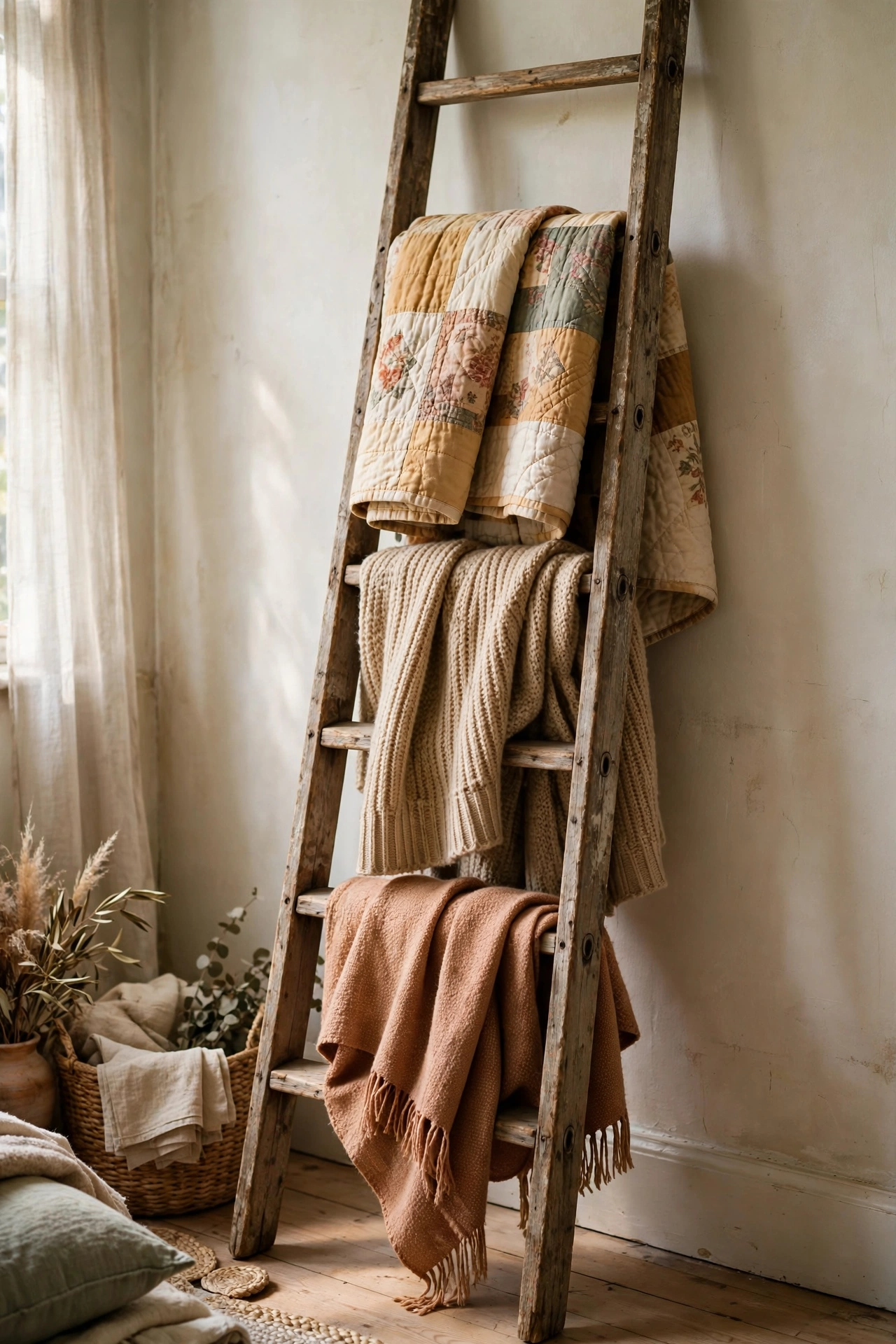 Old wooden ladder used as a blanket rack in a living room