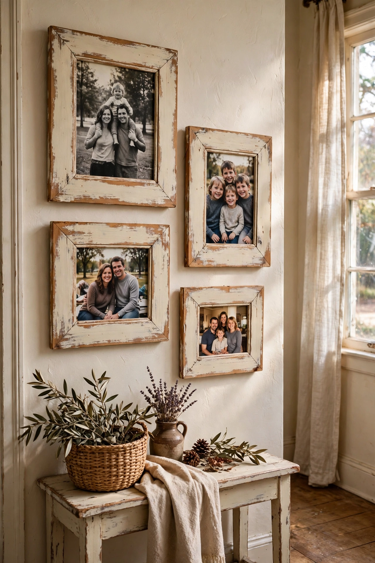 Distressed cream picture frames with family photos in a hallway